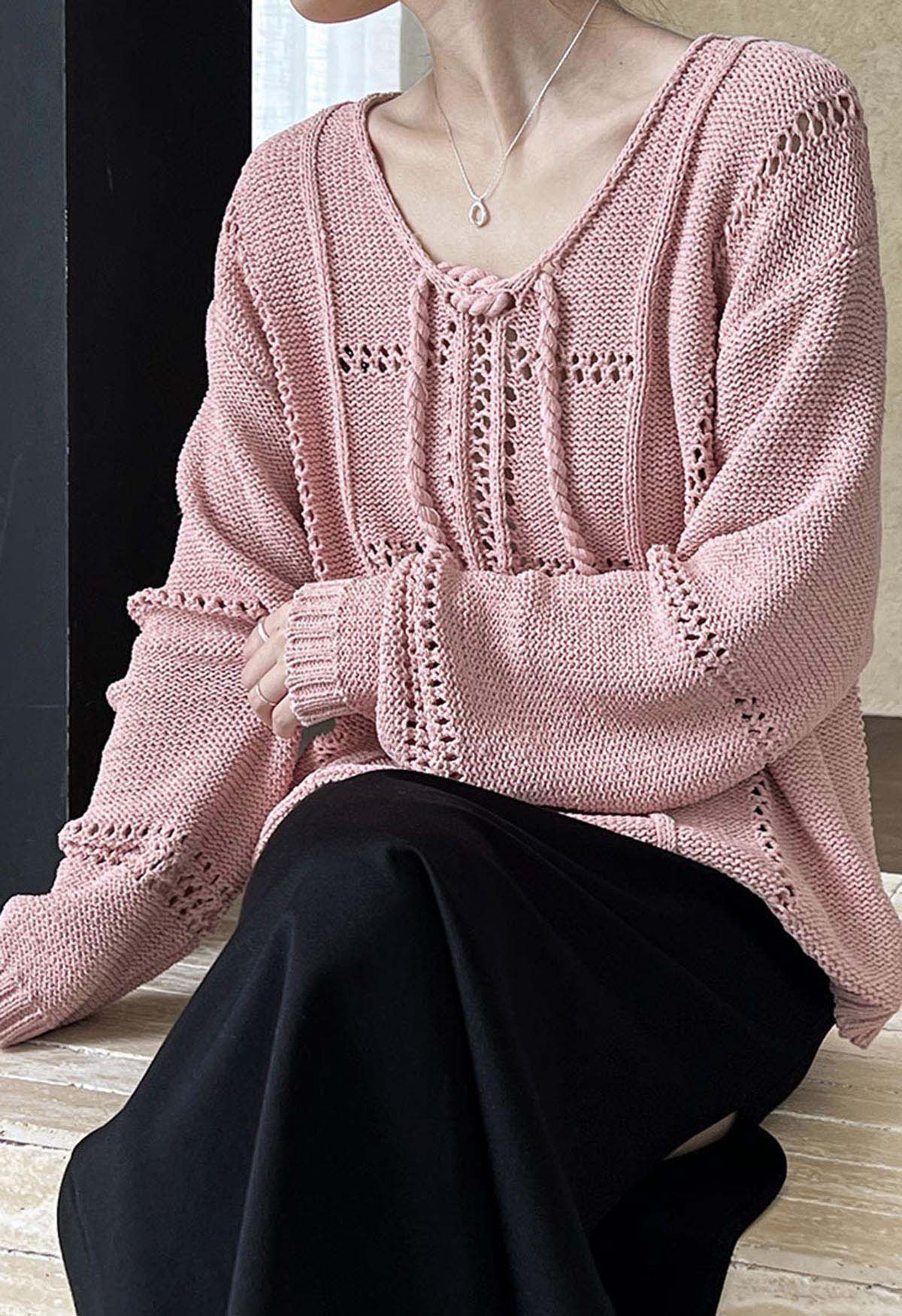 Hollow Out Tie-Neck Knit Top in Pink