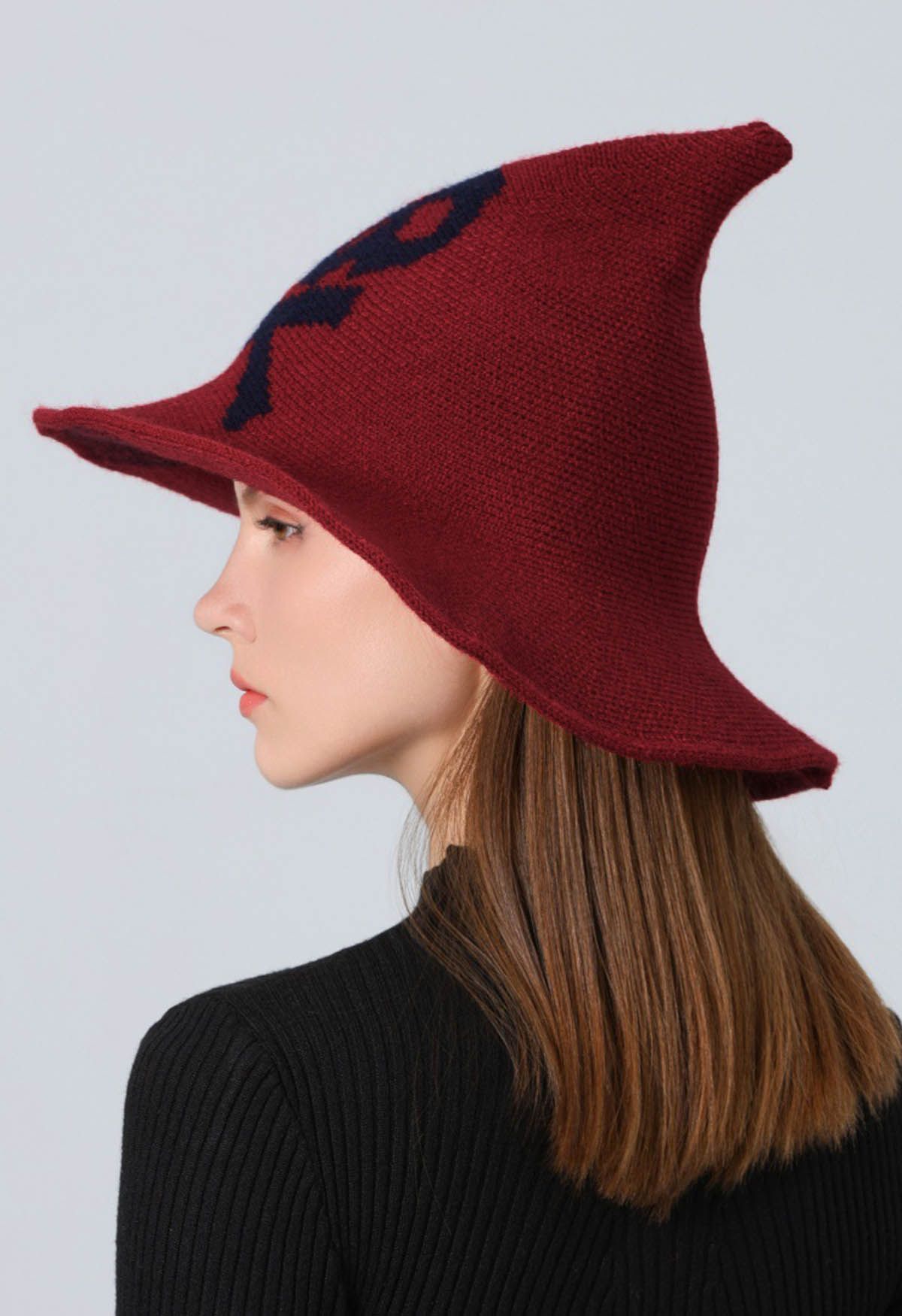 Skull Pattern Wool-Blend Witch Hat in Red