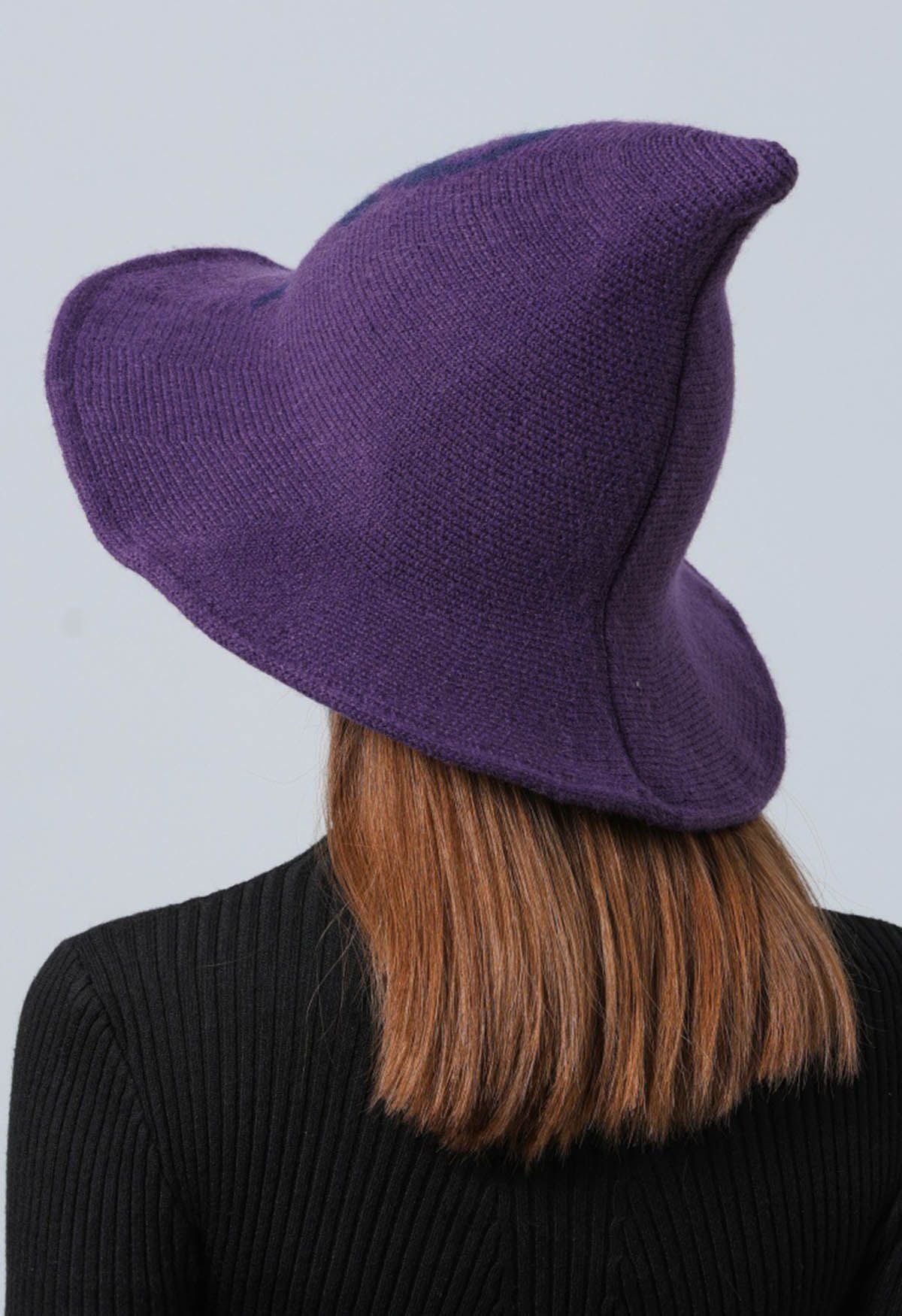 Skull Pattern Wool-Blend Witch Hat in Purple