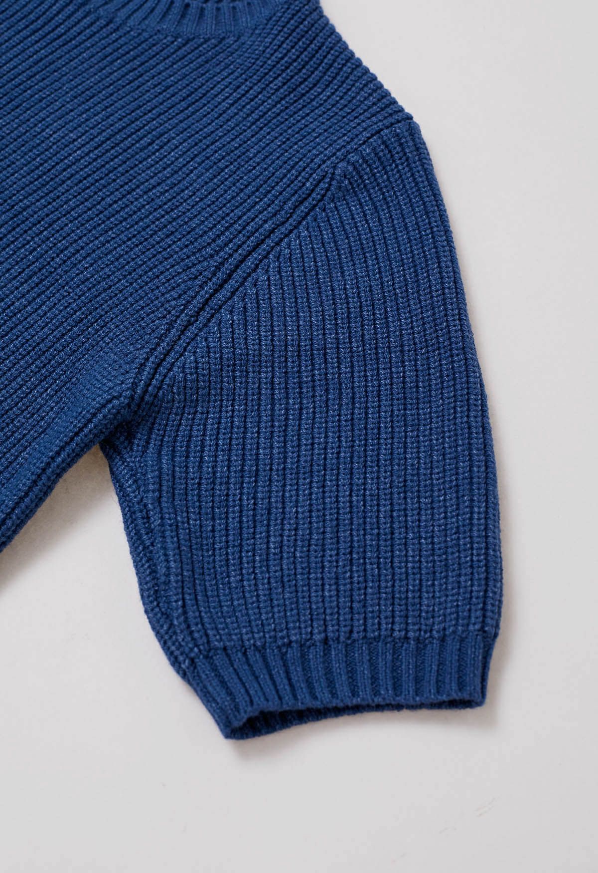 Tie-String Back Ribbed Knit Sweater in Navy