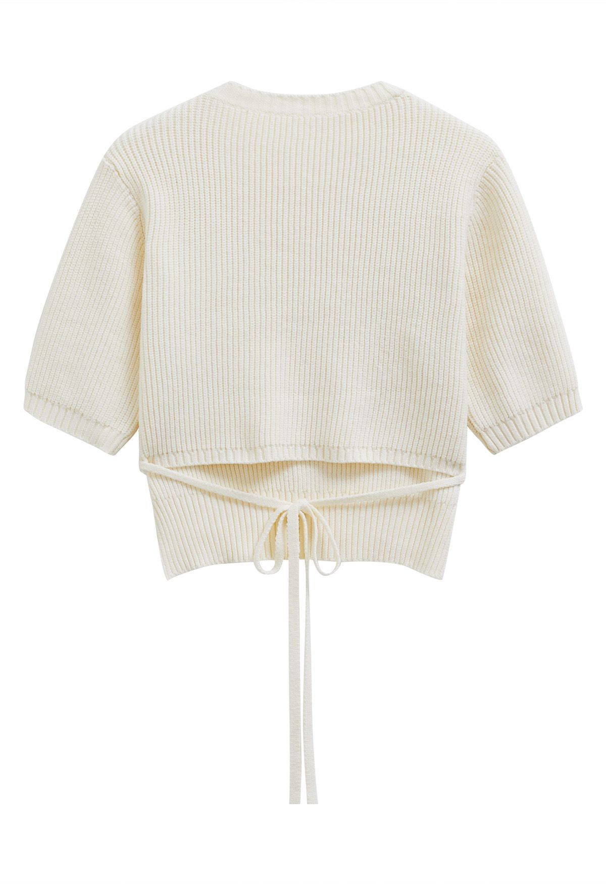 Tie-String Back Ribbed Knit Sweater in Cream