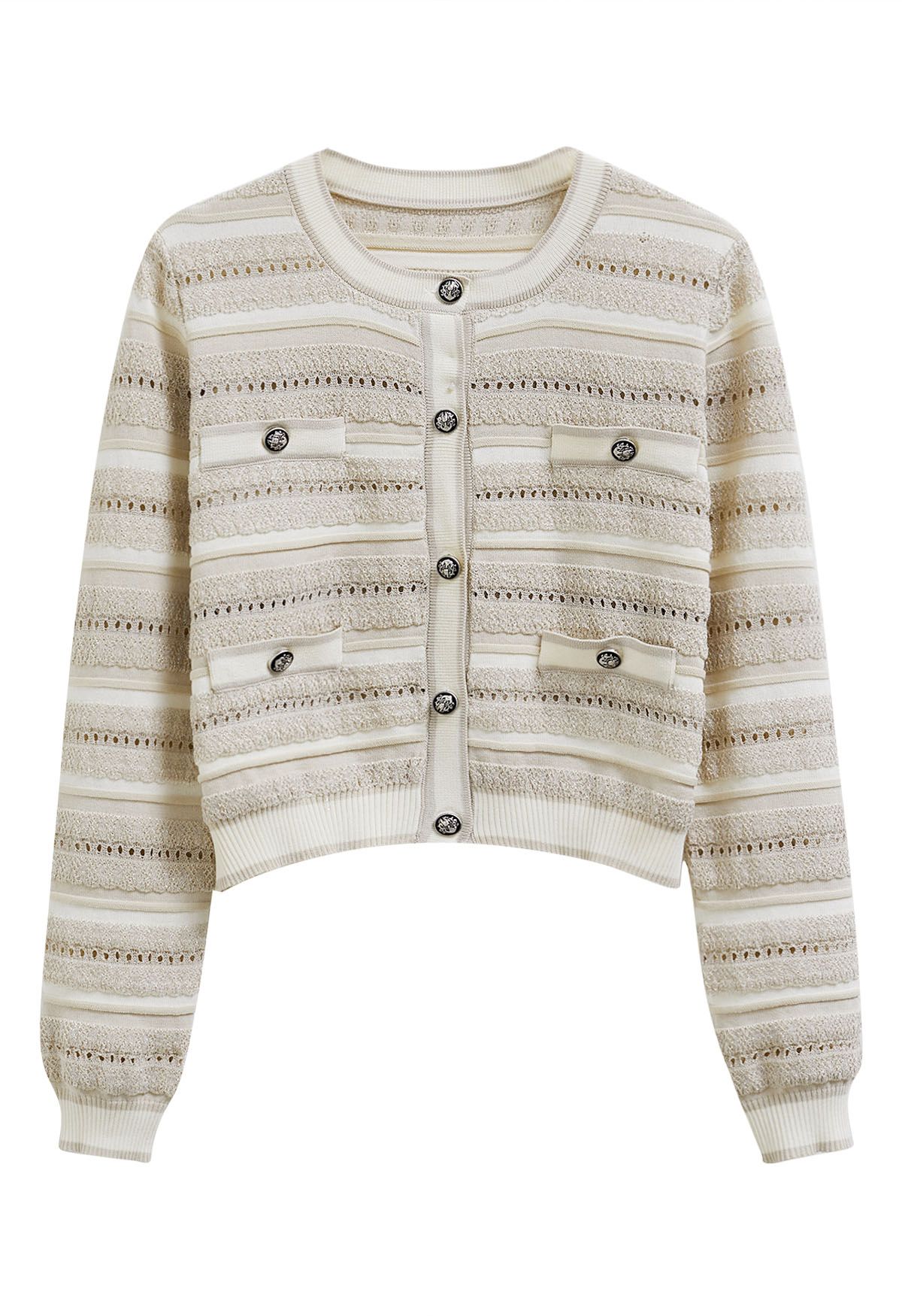 Striped Pointelle Lace Knit Button Cardigan in Oatmeal