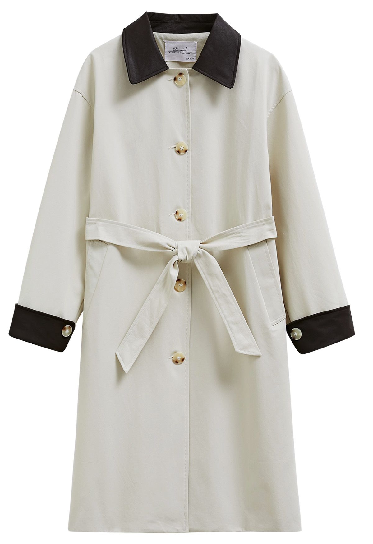 Contrast Faux Leather Trim Button Trench Coat in Ivory