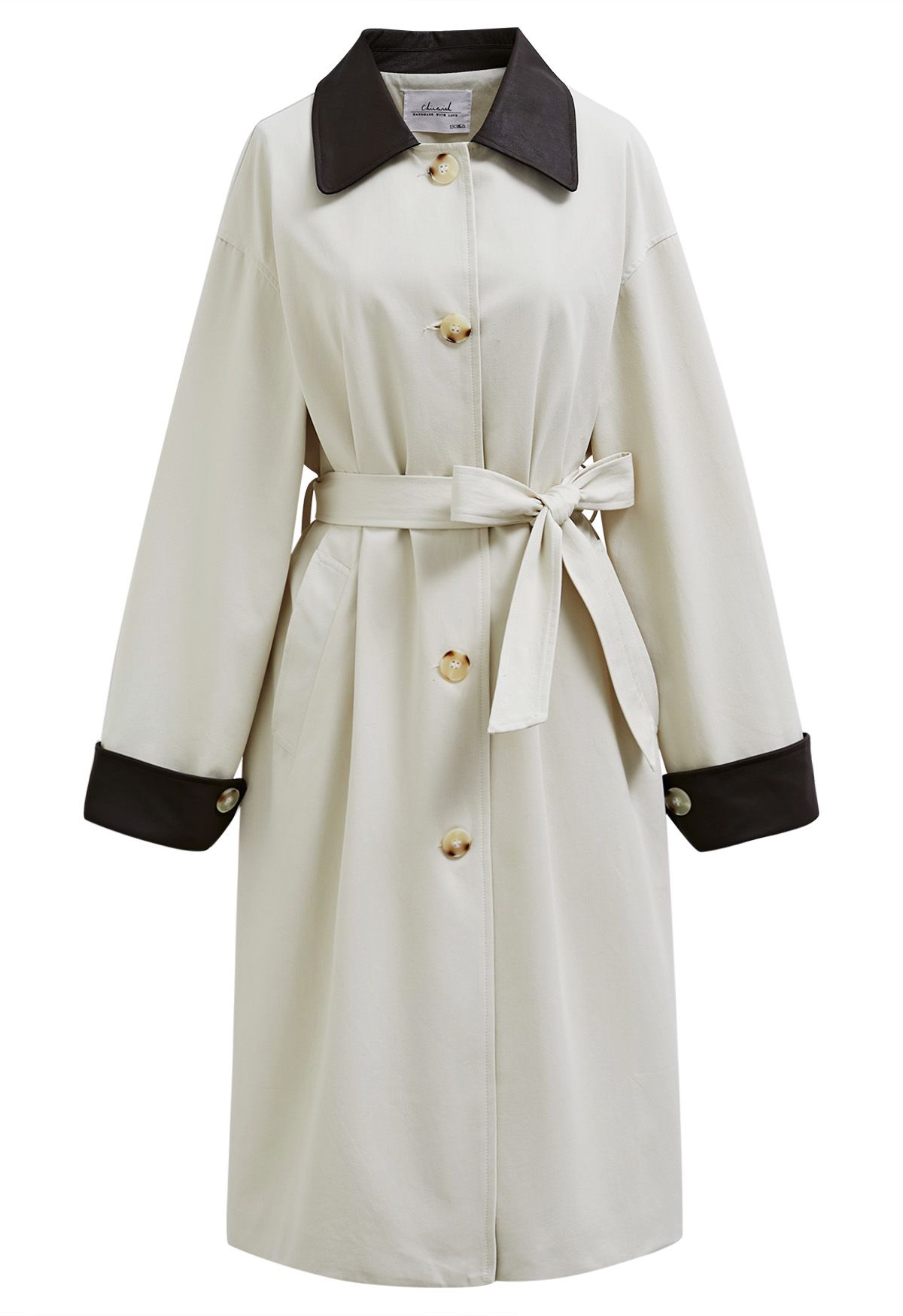 Contrast Faux Leather Trim Button Trench Coat in Ivory