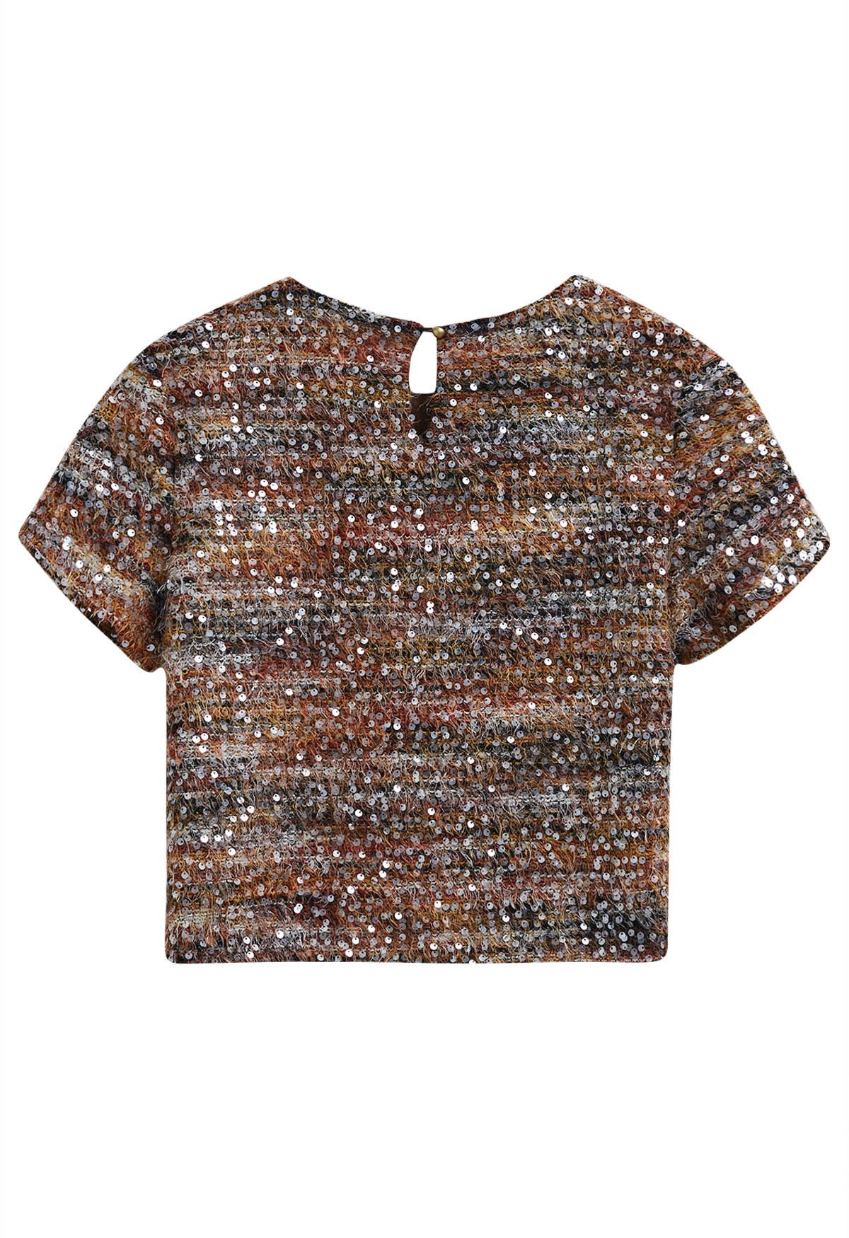 Sequin Mosaic Fuzzy Crop Top in Caramel