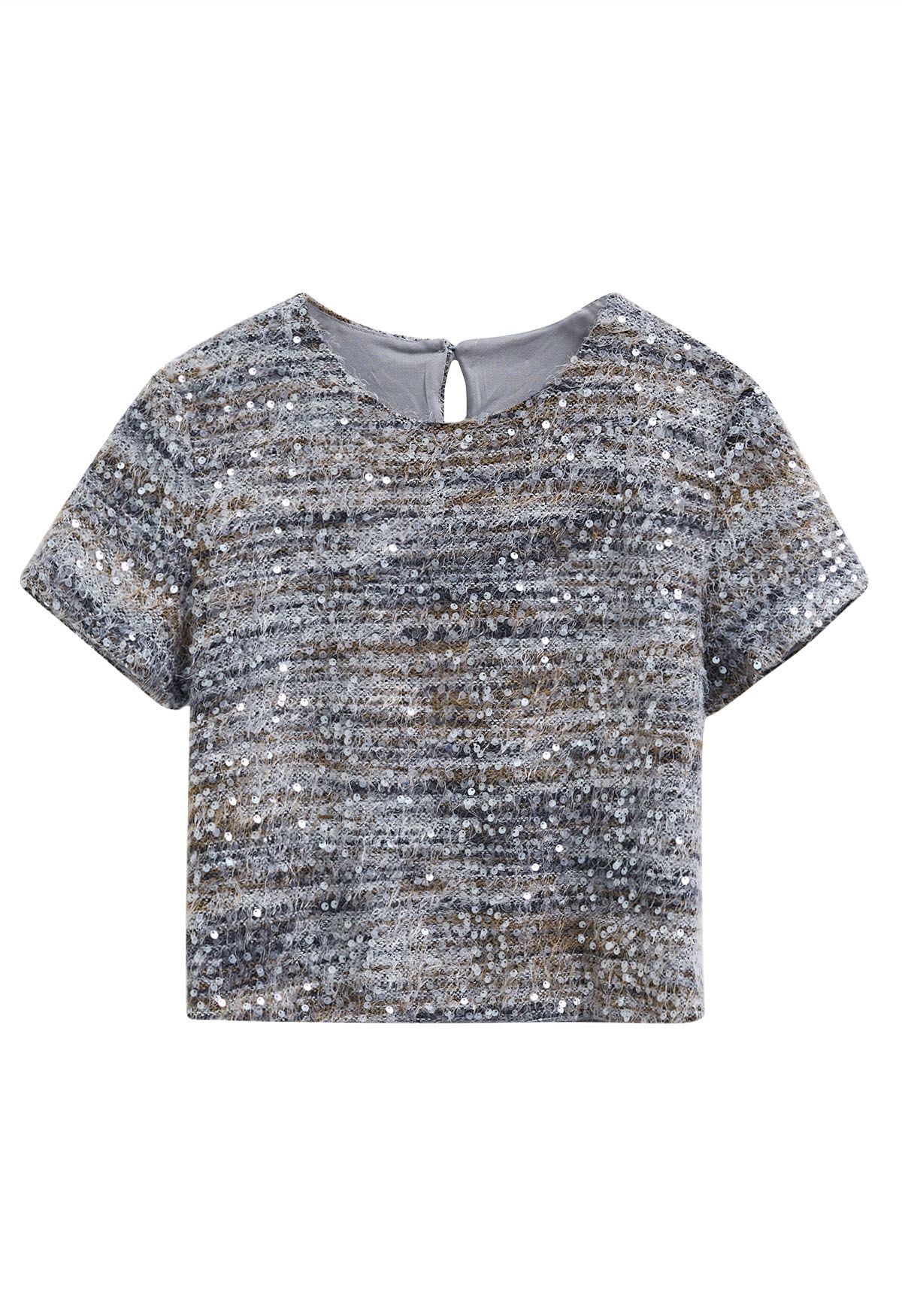 Sequin Mosaic Fuzzy Crop Top in Grey