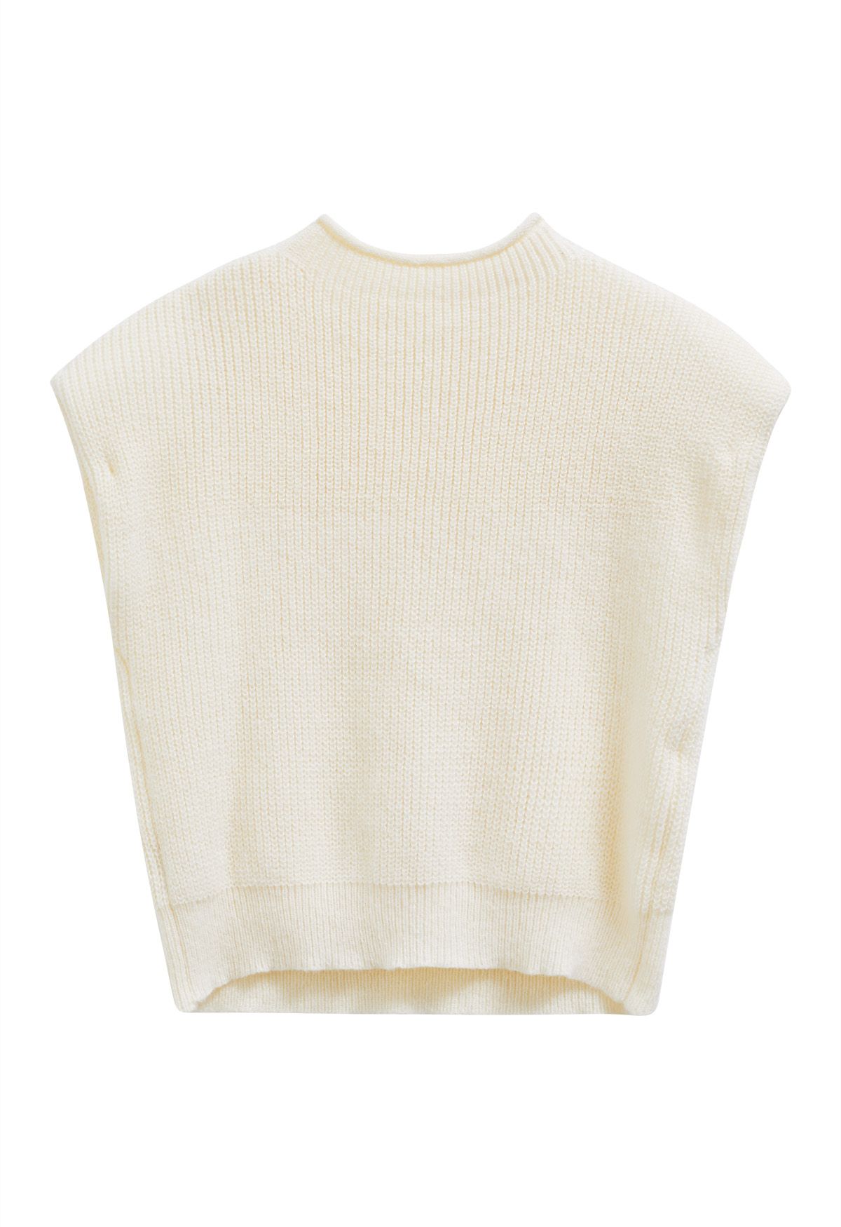 Mock Neck Padded Shoulder Cable Knit Top in Cream