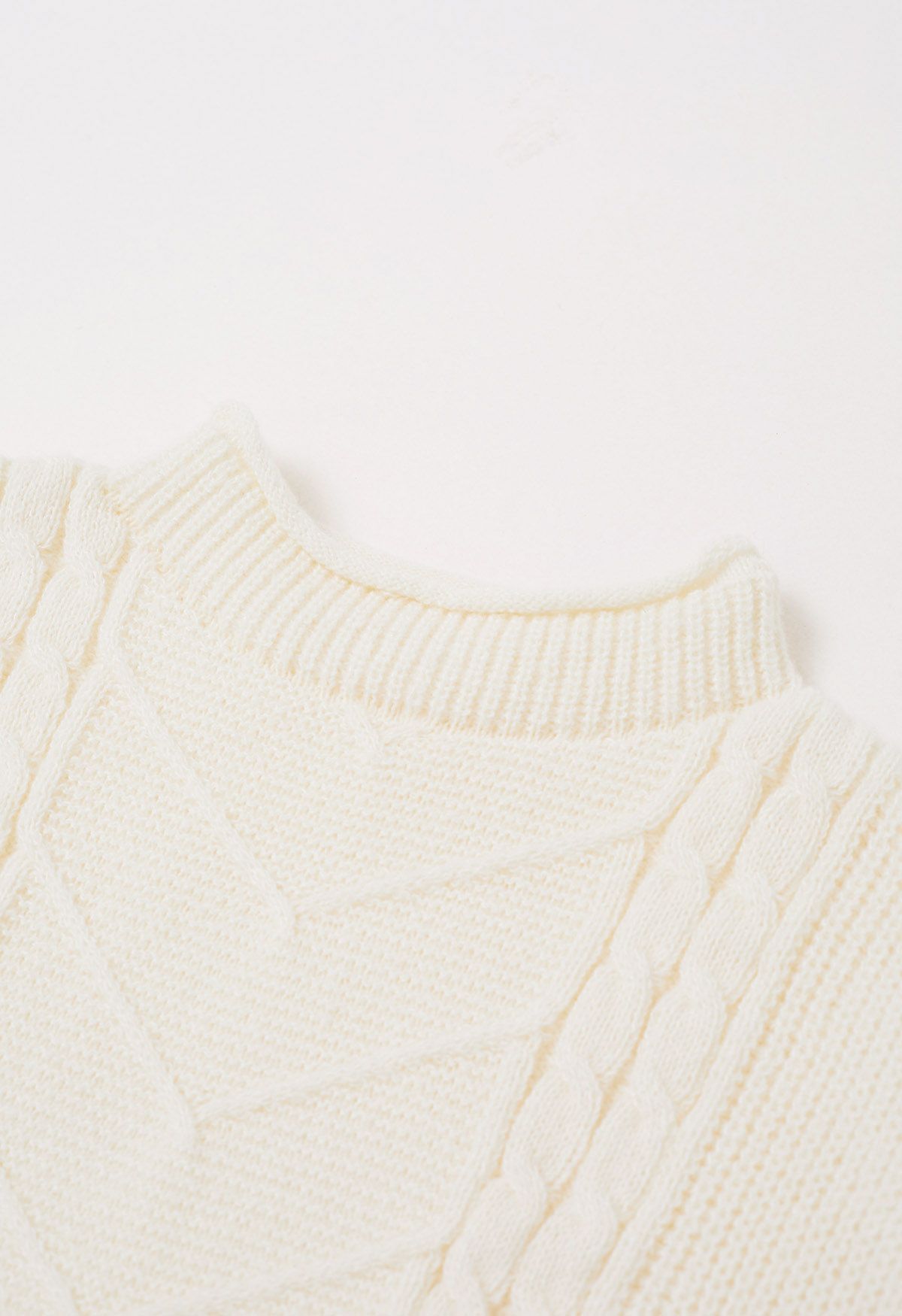 Mock Neck Padded Shoulder Cable Knit Top in Cream