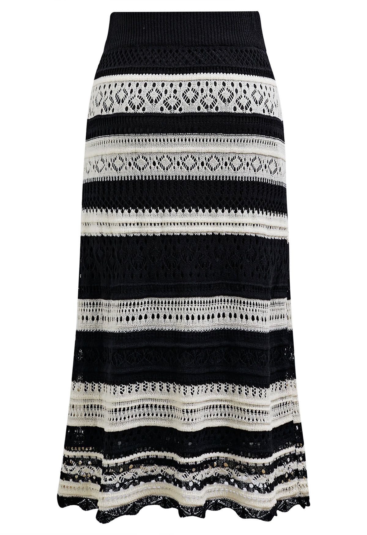 Striped Pointelle Lace Knit Midi Skirt in Black