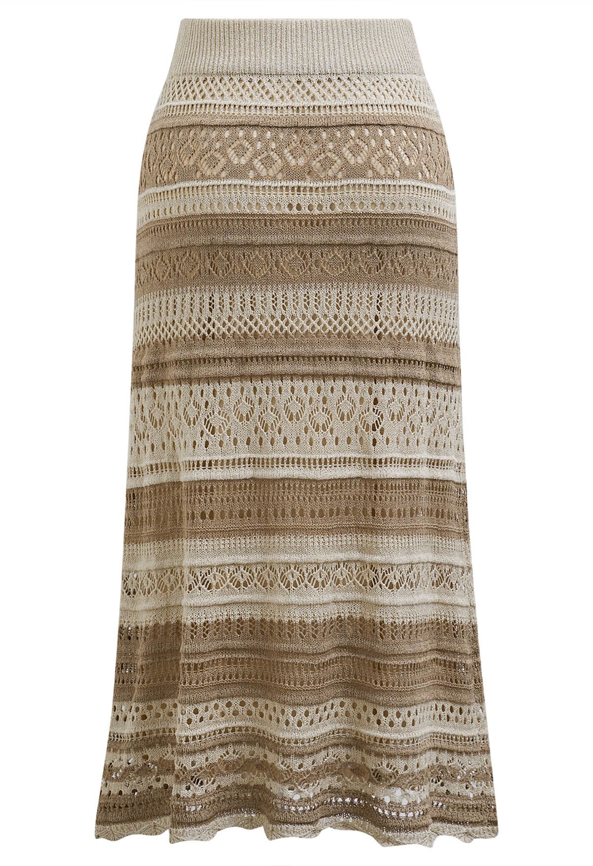 Striped Pointelle Lace Knit Midi Skirt in Oatmeal