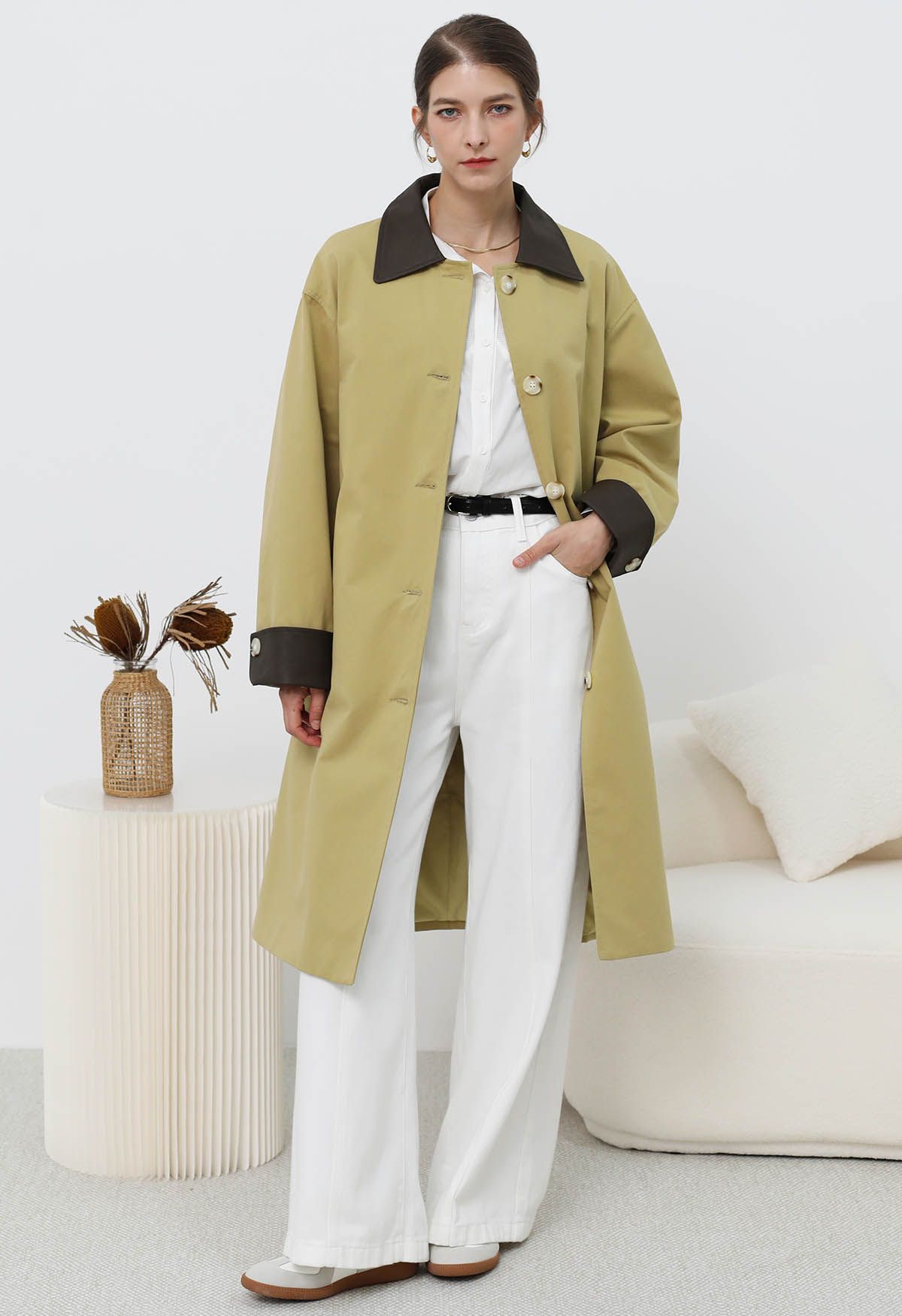 Contrast Faux Leather Trim Button Trench Coat in Mustard