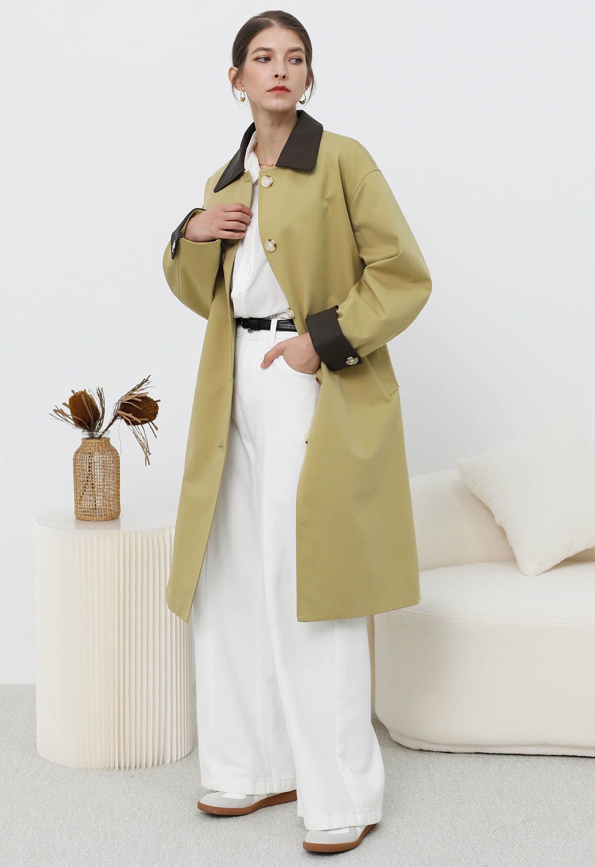 Contrast Faux Leather Trim Button Trench Coat in Mustard