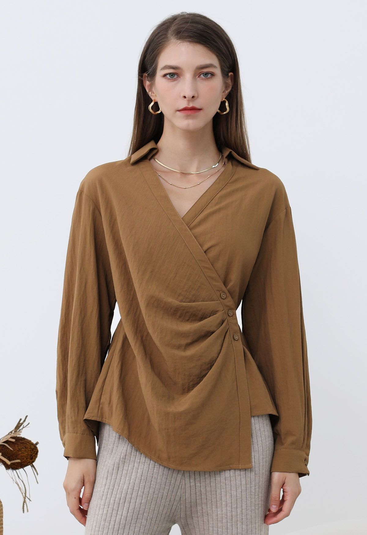 Side Pleats Collared Buttoned Wrap Shirt in Caramel