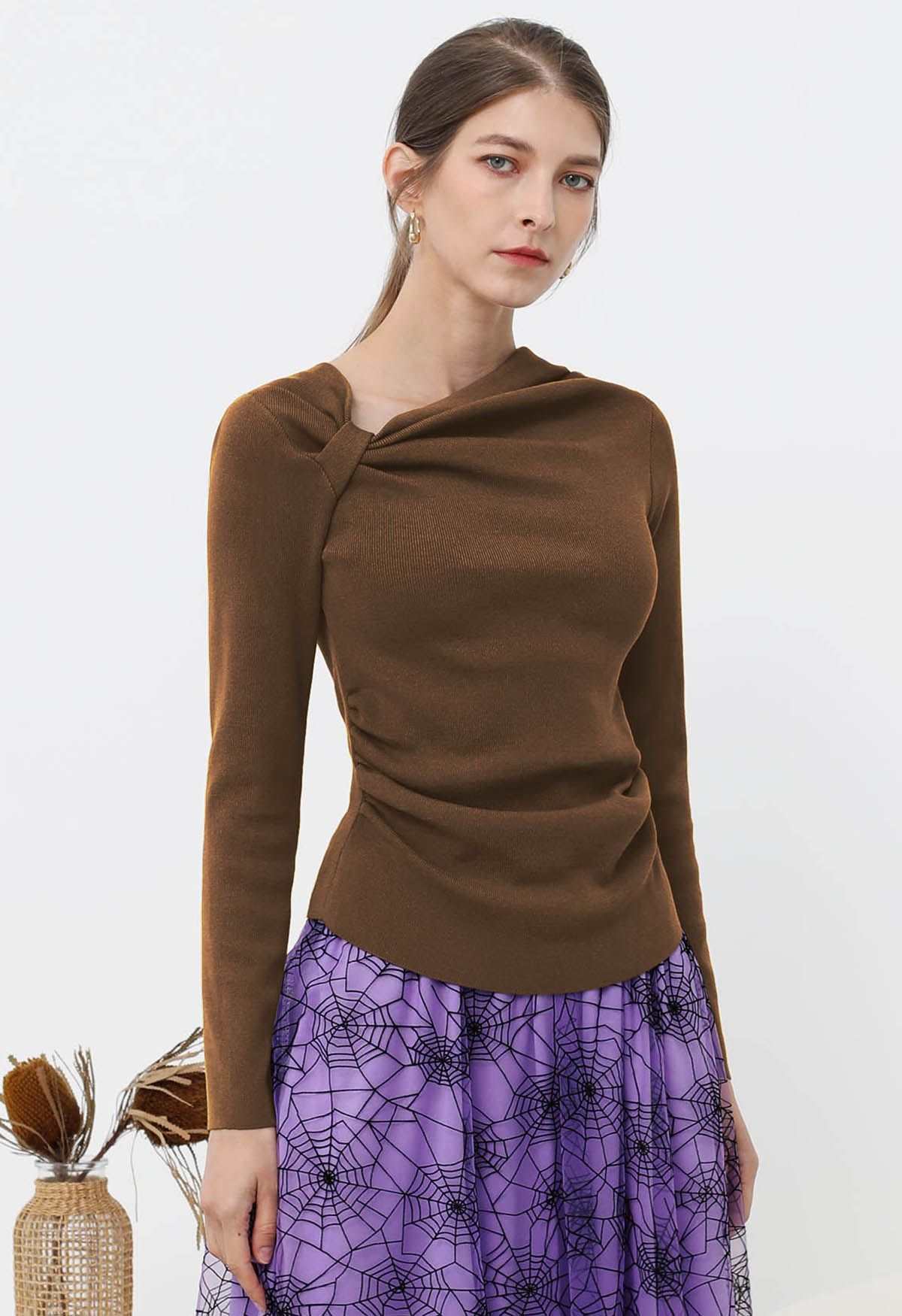 Side Knot Ruched Long-Sleeve Knit Top in Brown