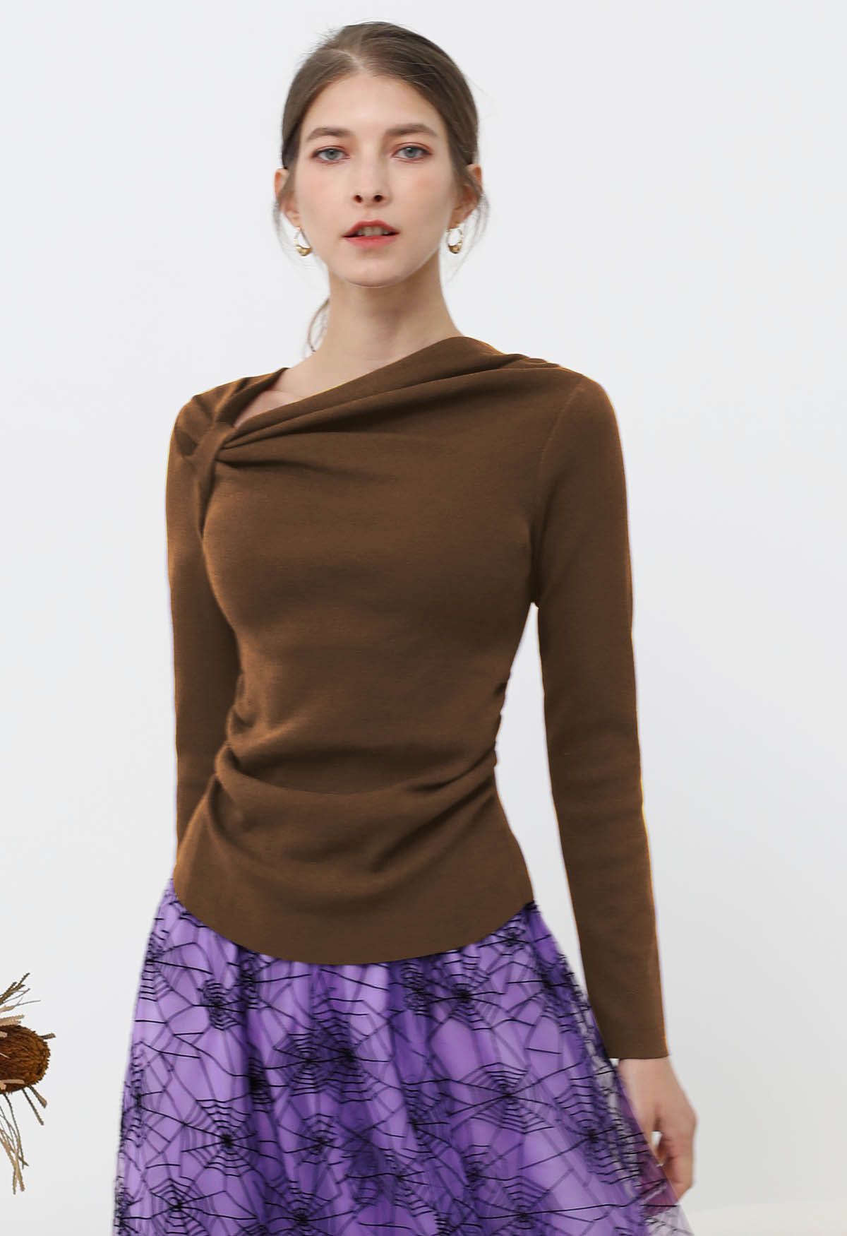 Side Knot Ruched Long-Sleeve Knit Top in Brown