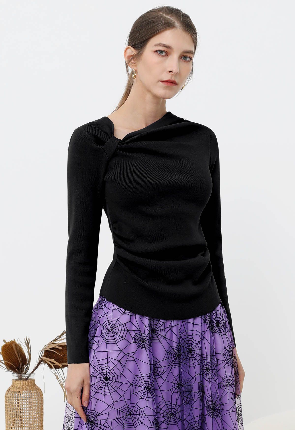 Side Knot Ruched Long-Sleeve Knit Top in Black