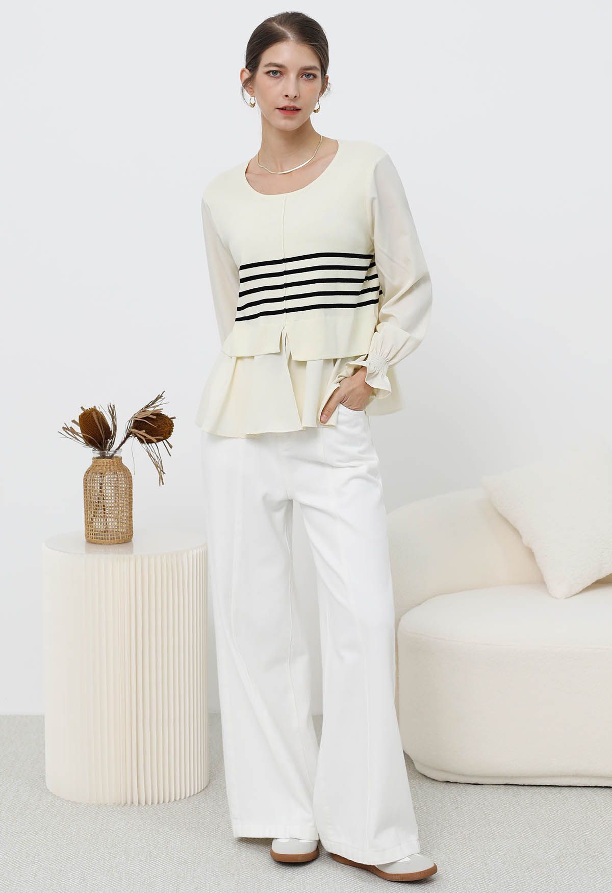 Chic Striped Knit Spliced Peplum Top in Cream