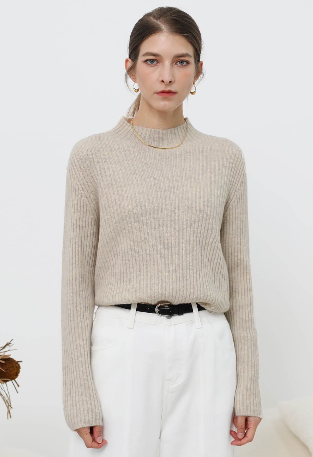 Elemental Mock Neck Long-Sleeve Wool Sweater in Linen