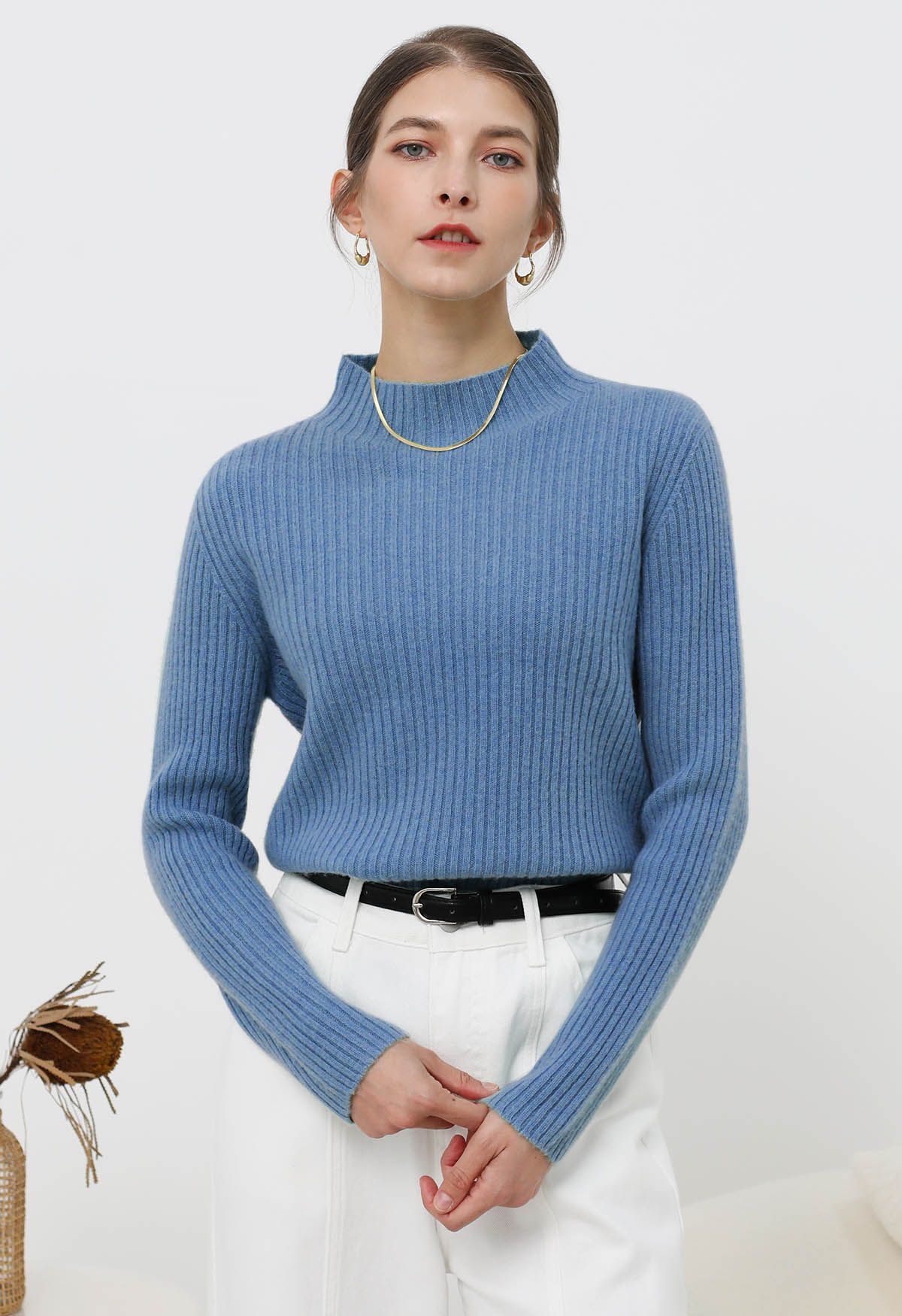 Elemental Mock Neck Long-Sleeve Wool Sweater in Blue