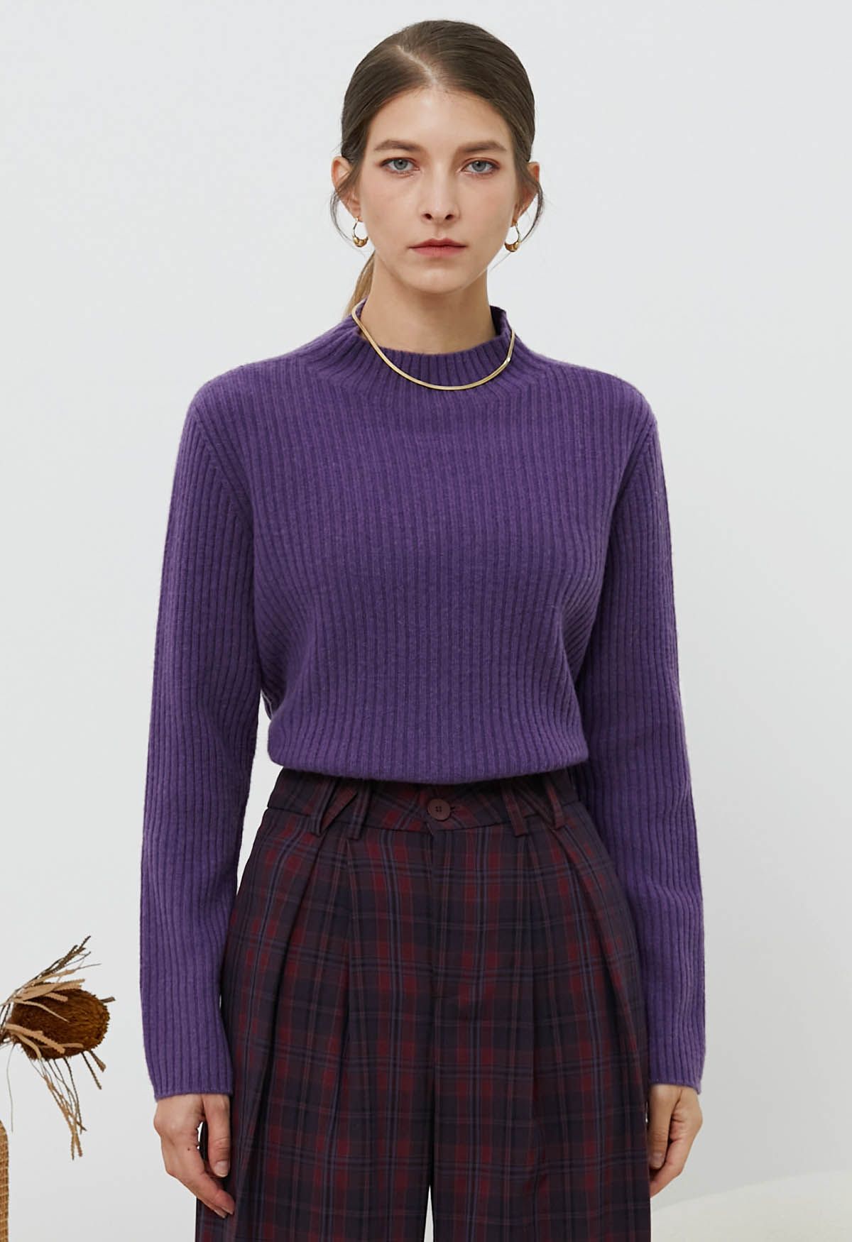 Elemental Mock Neck Long-Sleeve Wool Sweater in Purple