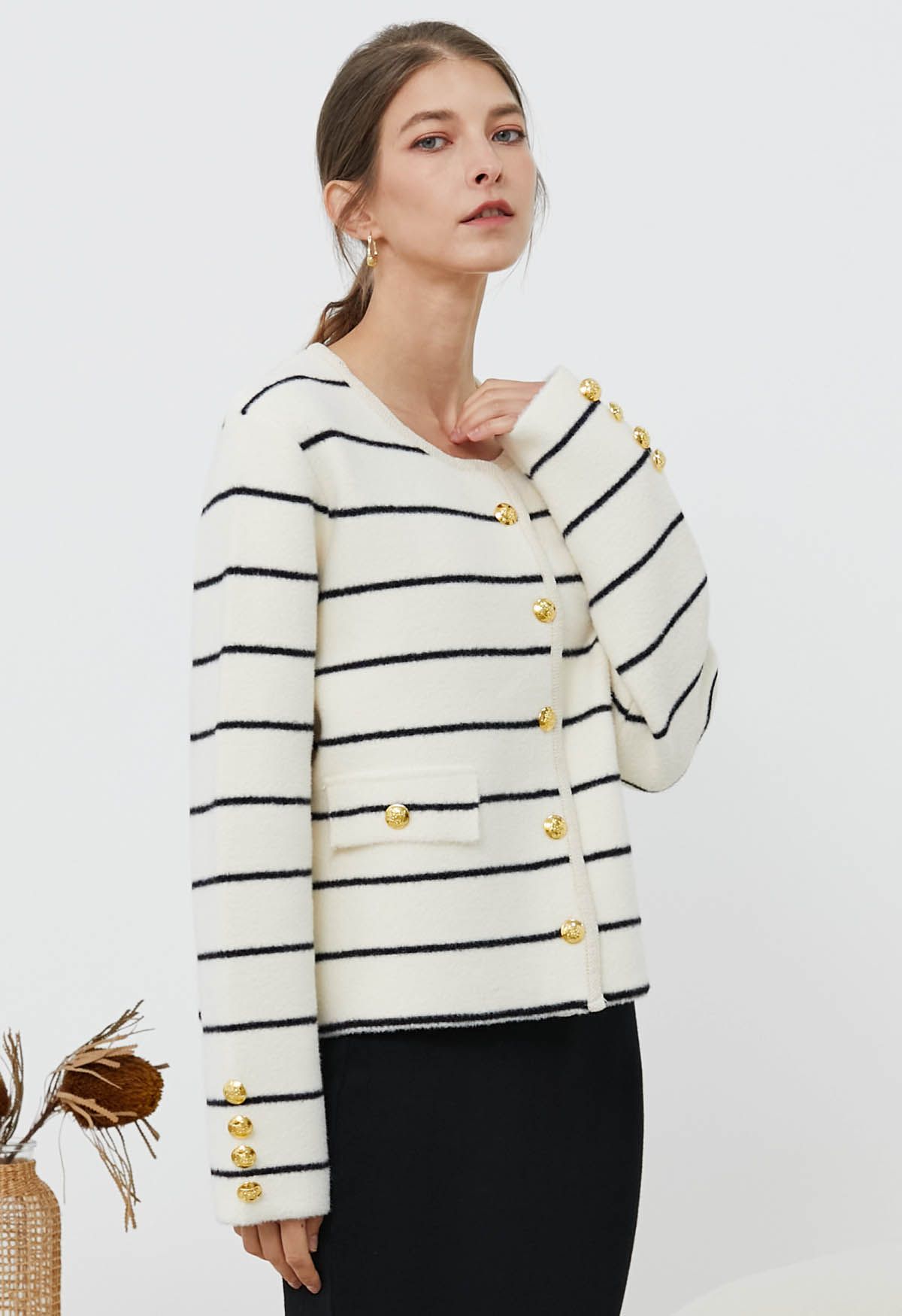 Contrast Stripes Button Down Cardigan in Ivory