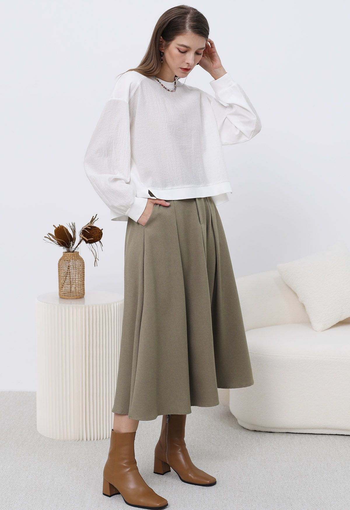 Dignified Buttons Trim A-Line Midi Skirt in Khaki