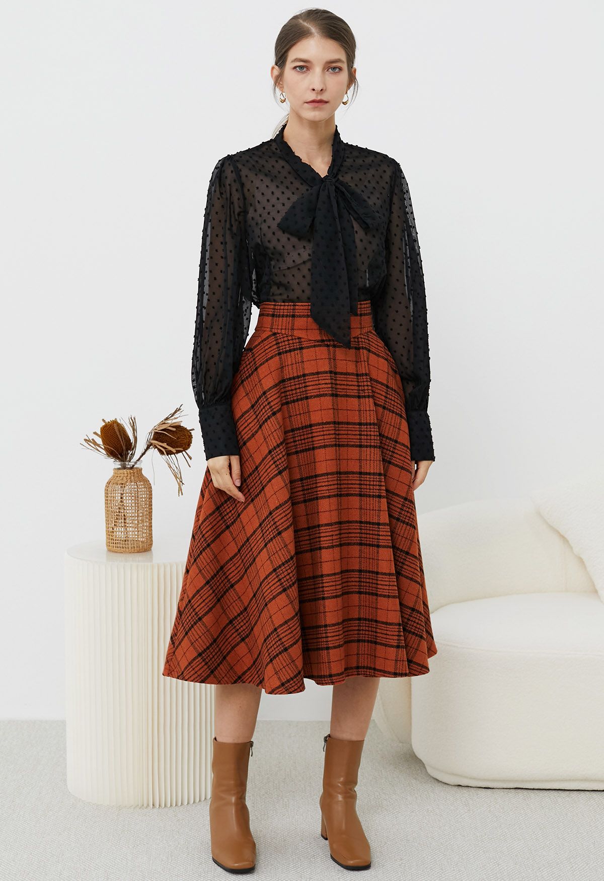 Autumnal Plaid Side Pocket Midi Skirt