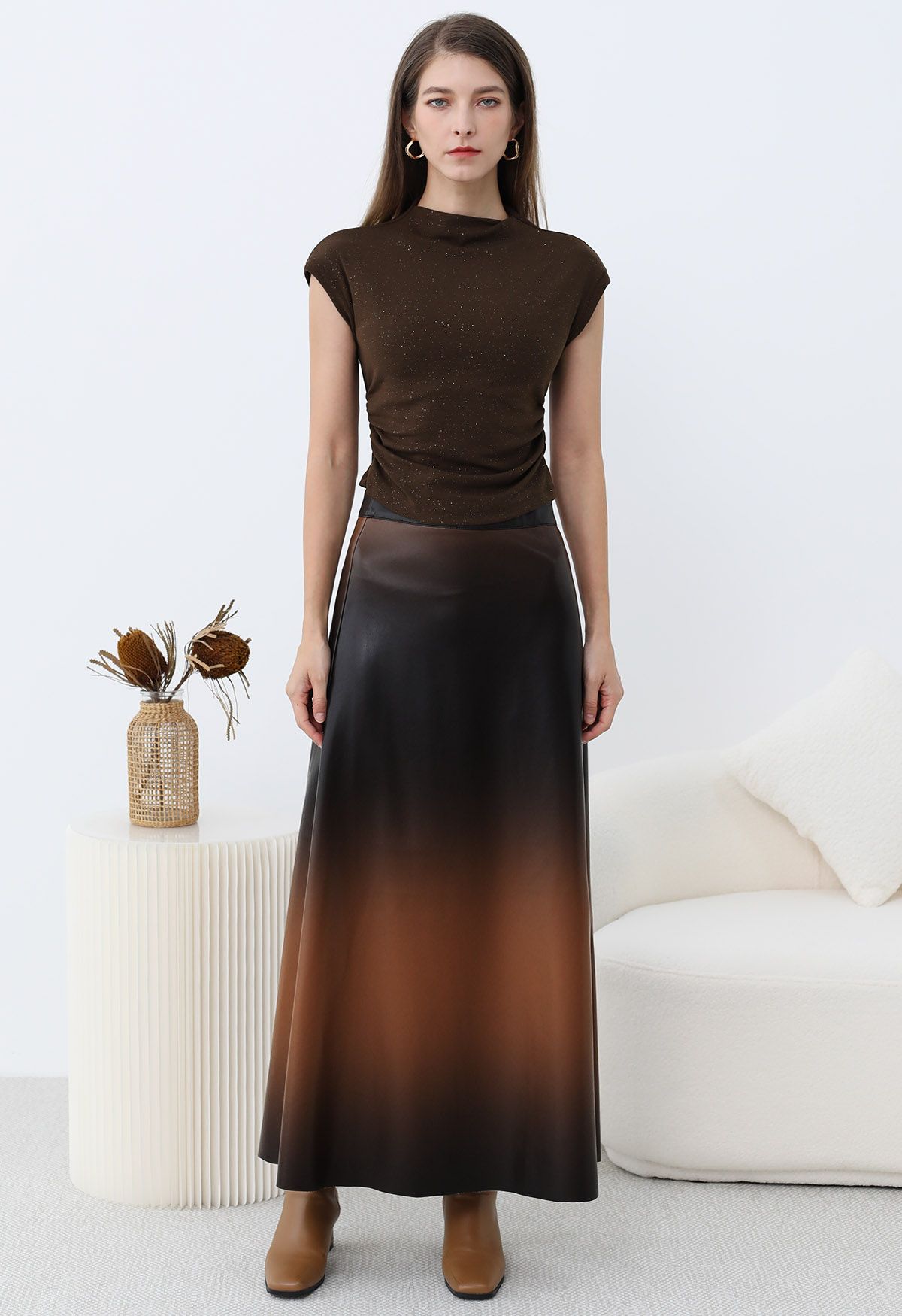 Ombre Faux Leather Maxi Skirt in Brown