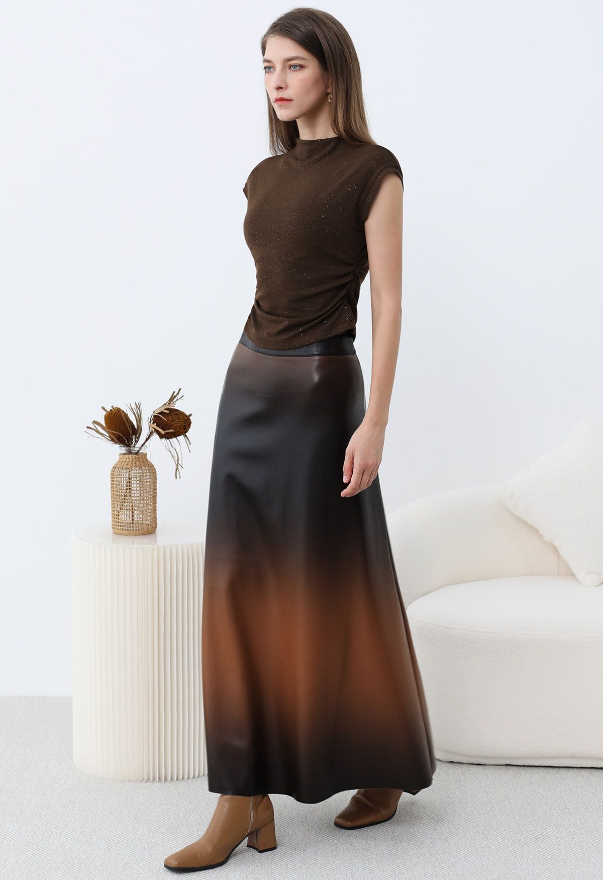 Ombre Faux Leather Maxi Skirt in Brown