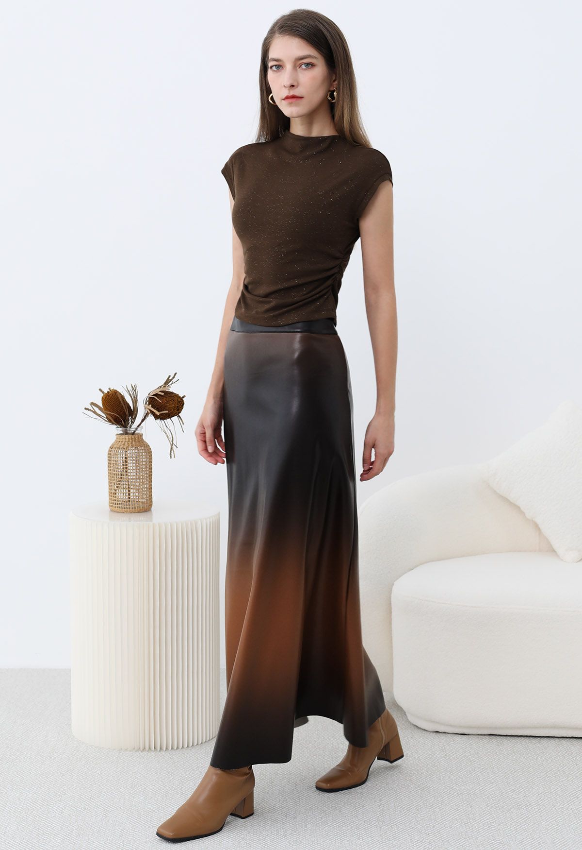 Ombre Faux Leather Maxi Skirt in Brown