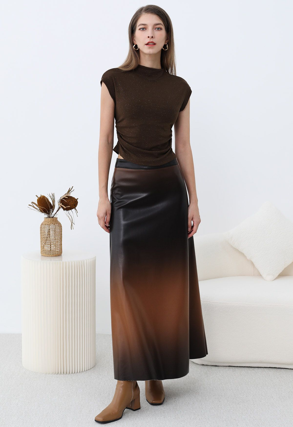 Ombre Faux Leather Maxi Skirt in Brown