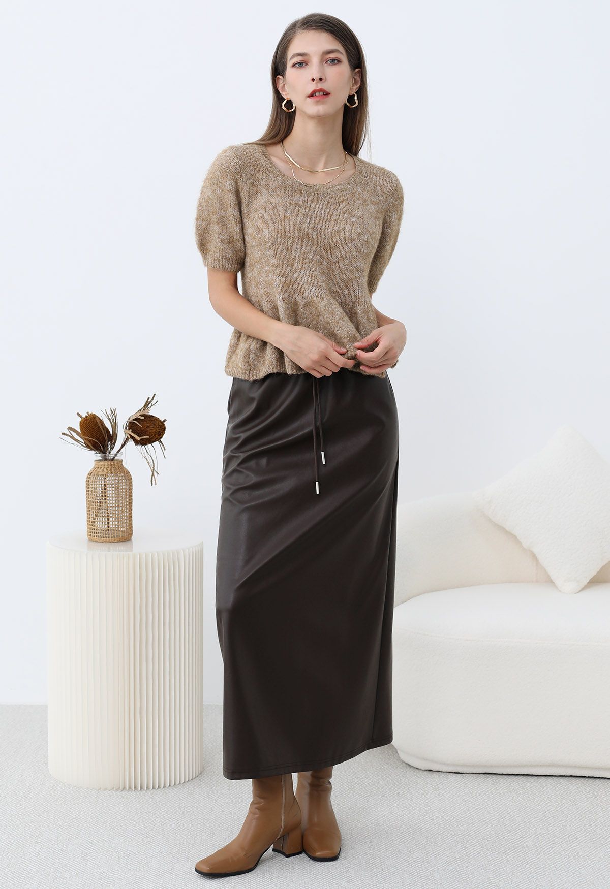 On-Duty Faux Leather Drawstring Shift Skirt in Chocolate