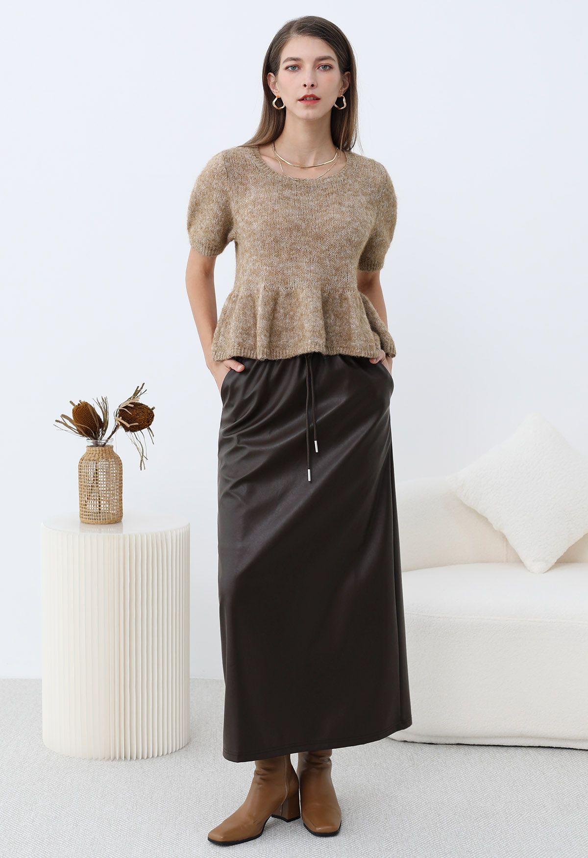 Peplum Flair Fuzzy Knit Top in Tan