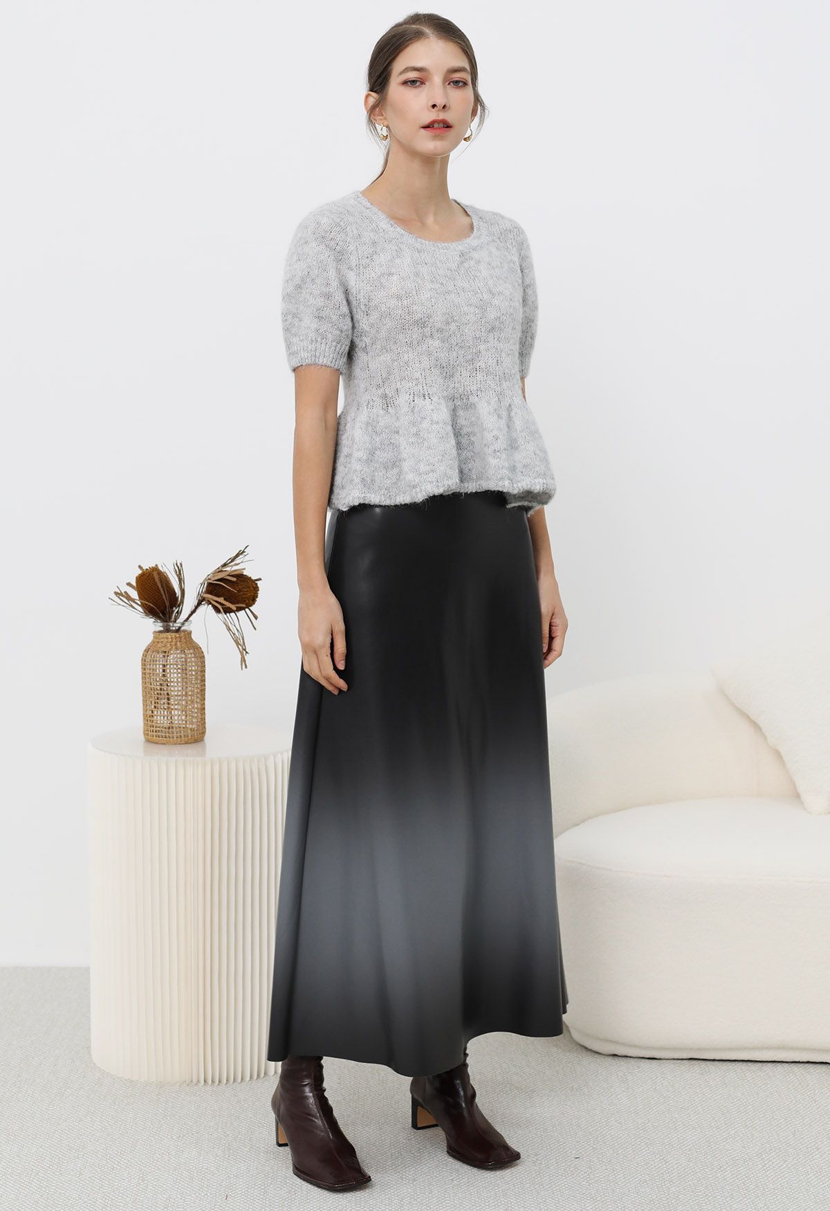 Ombre Faux Leather Maxi Skirt in Grey