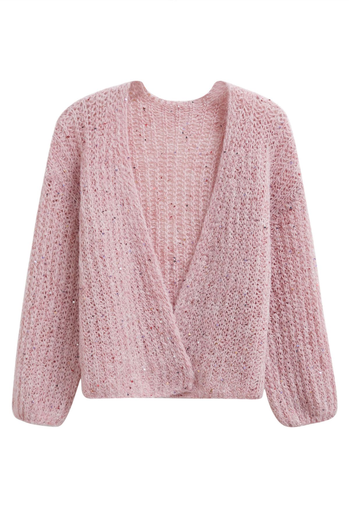 Colorful Sequin Open Front Cozy Knit Cardigan in Pink