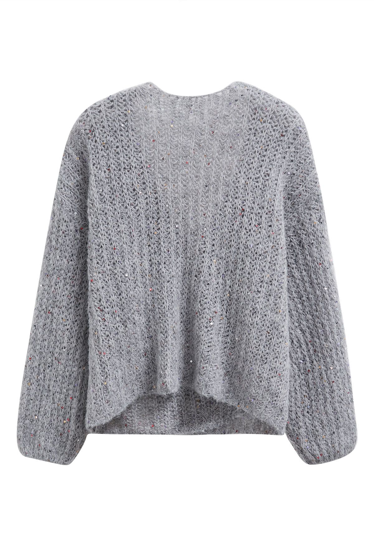 Colorful Sequin Open Front Cozy Knit Cardigan in Grey