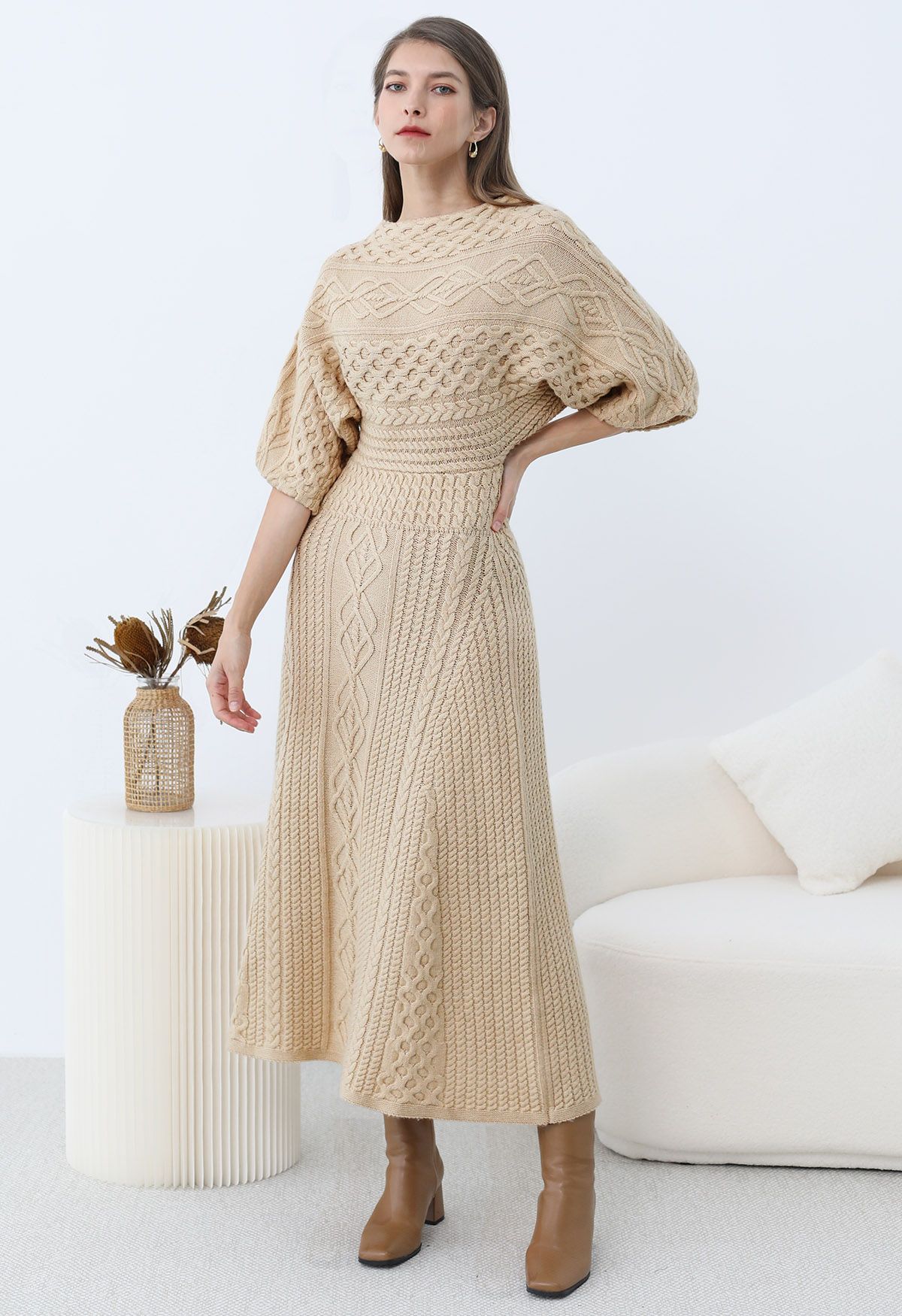 Artisanal Charm Boat Neck Cable Knit Dress