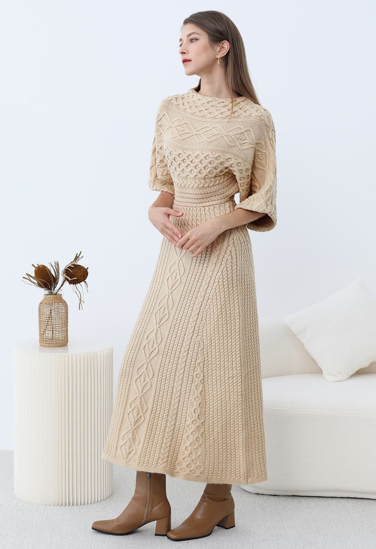 Artisanal Charm Boat Neck Cable Knit Dress