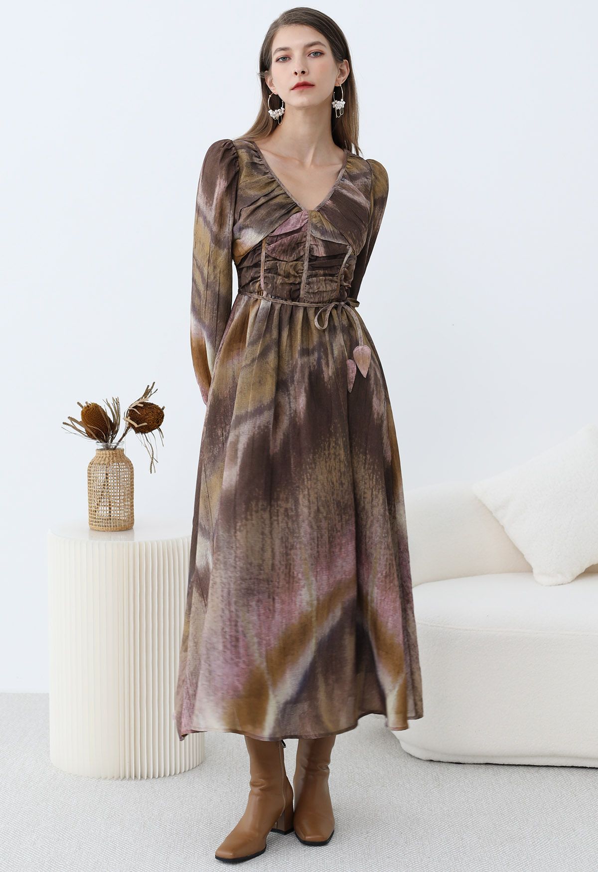 Mystic Watercolor V-Neck Ruched Maxi Dress