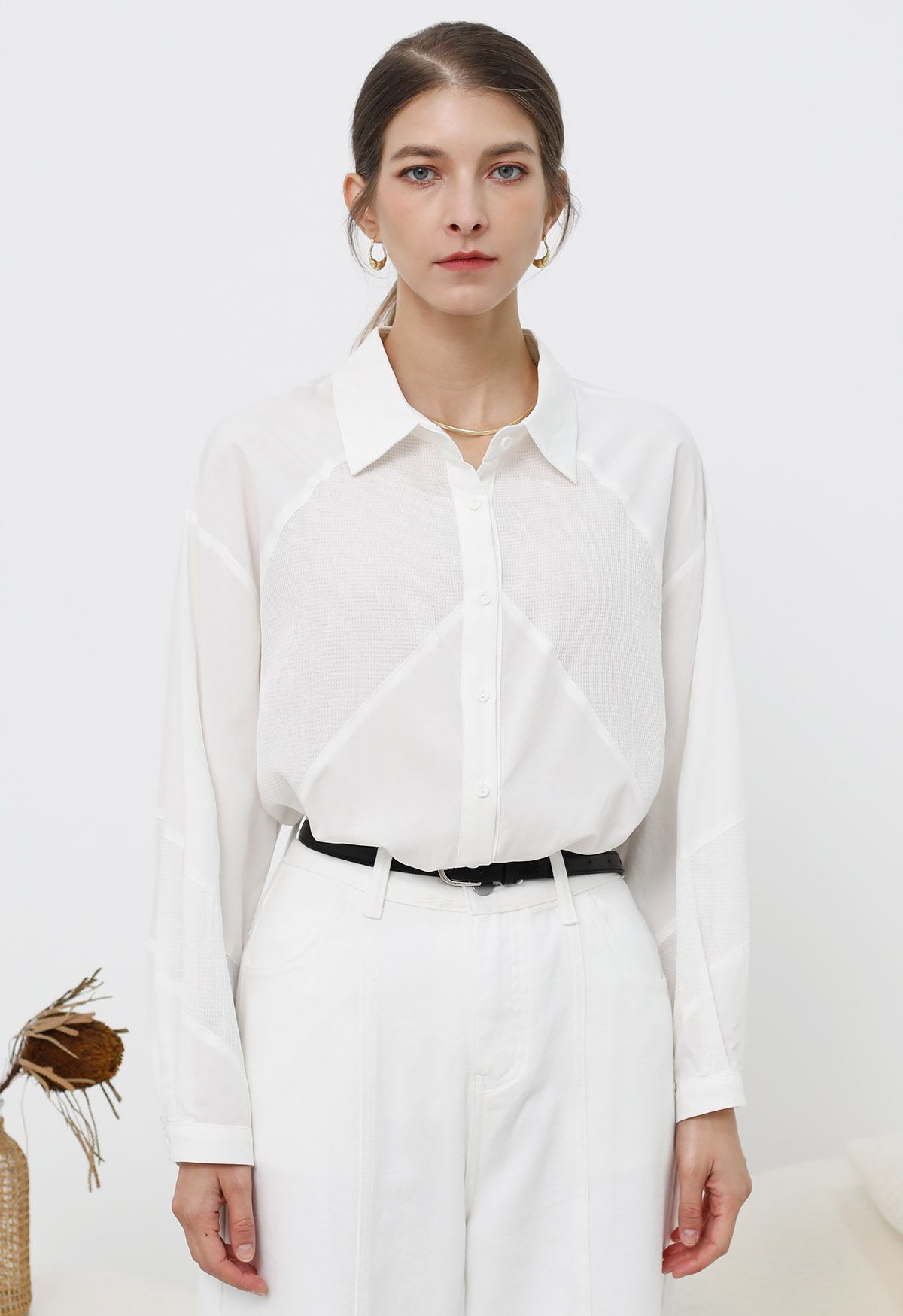 Geometric Panelled Cotton Button-Down Shirt in White