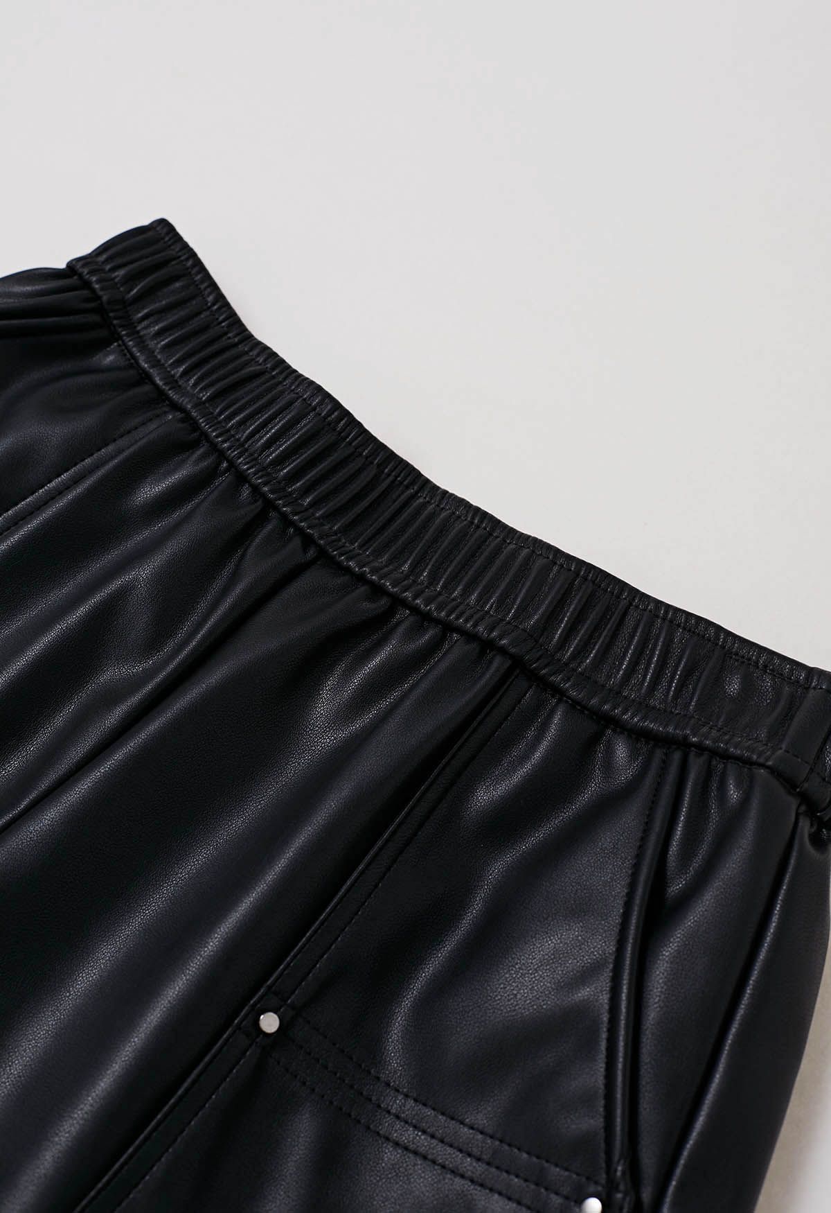 Patch Side Pocket Faux Leather Utility Shorts in Black