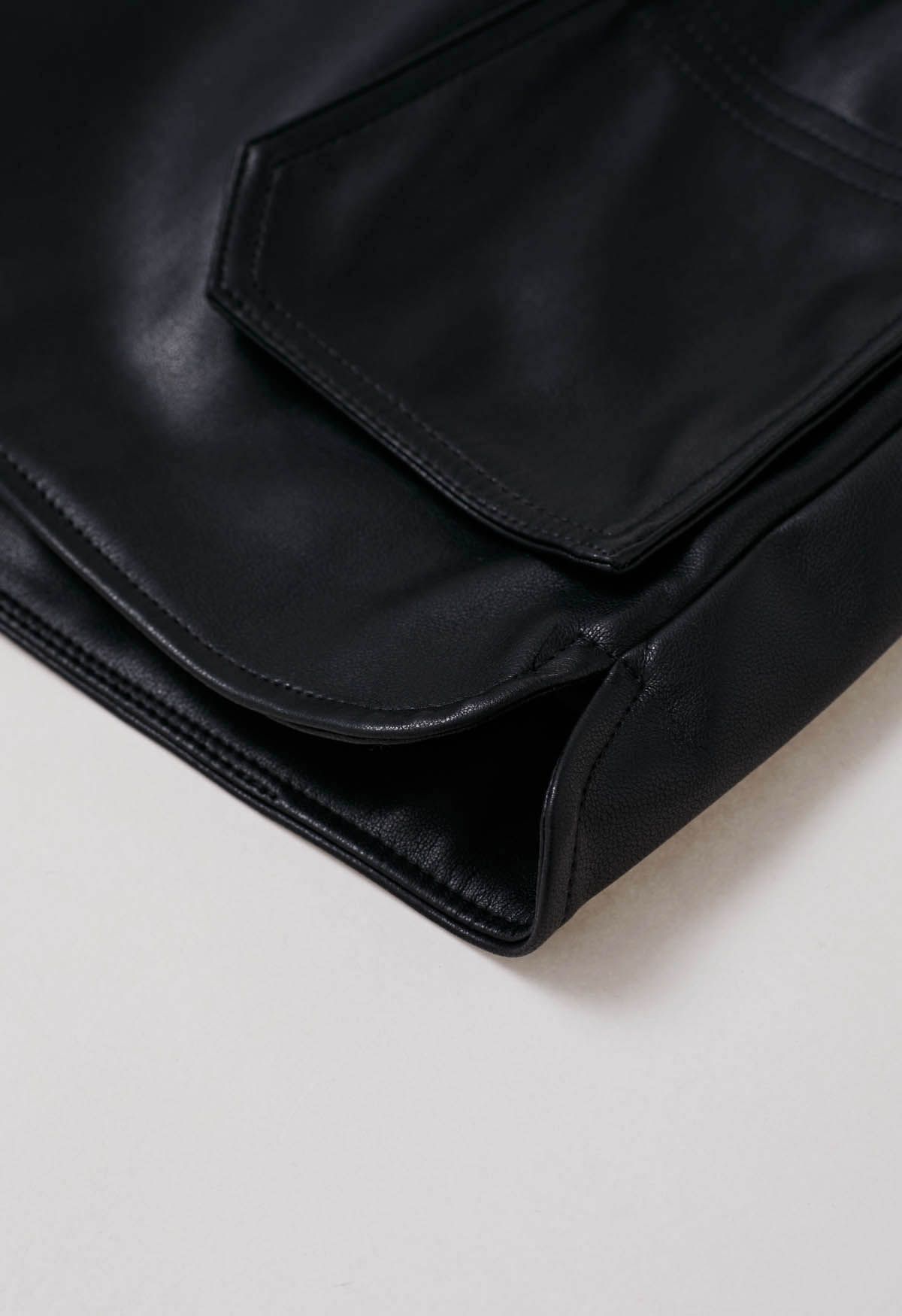 Patch Side Pocket Faux Leather Utility Shorts in Black