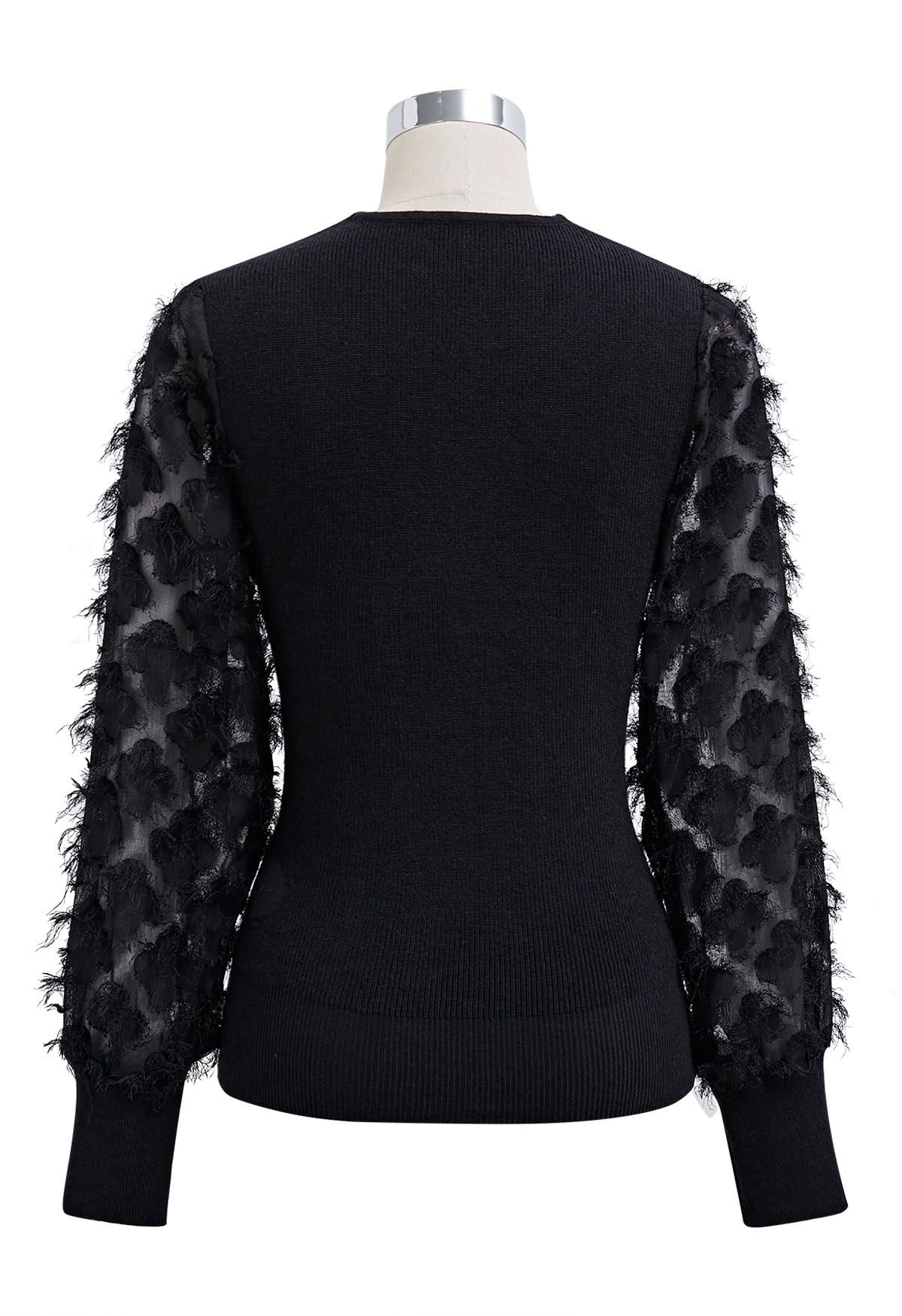 Fuzzy Floral Mesh Sleeve Spliced Faux-Wrap Knit Top in Black