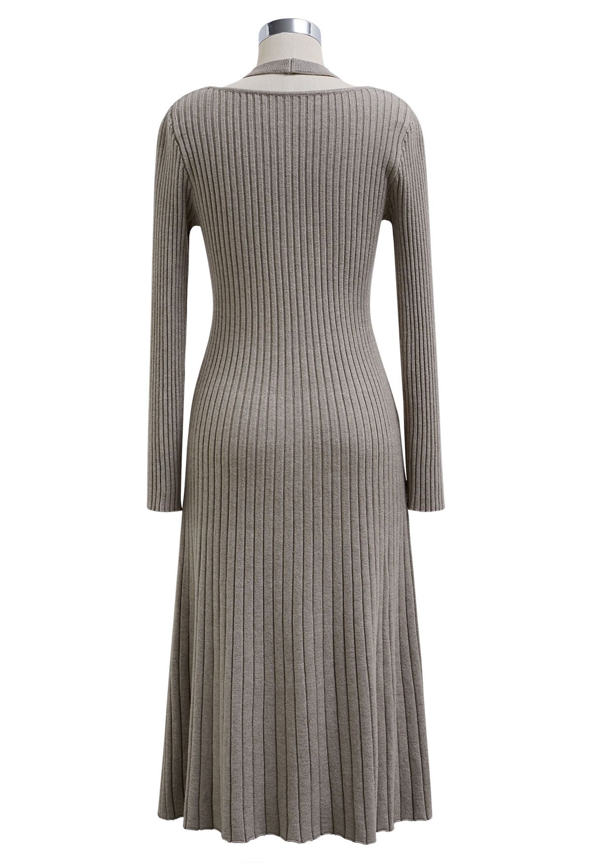 Cutout Neckline Ribbed Knit Midi Dress in Taupe