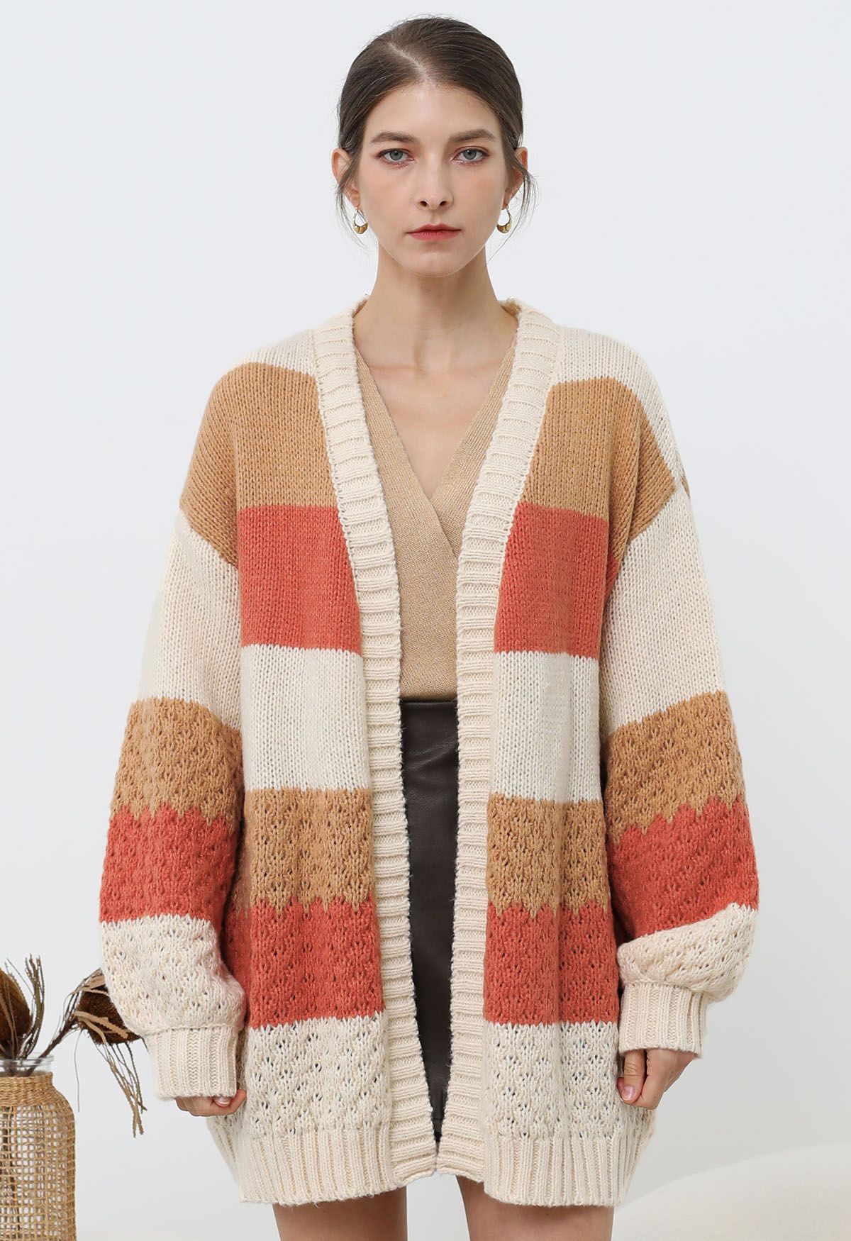 Warm Hues Color Block Puff Sleeve Knit Cardigan