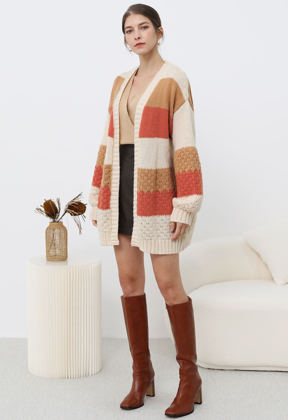 Warm Hues Color Block Puff Sleeve Knit Cardigan