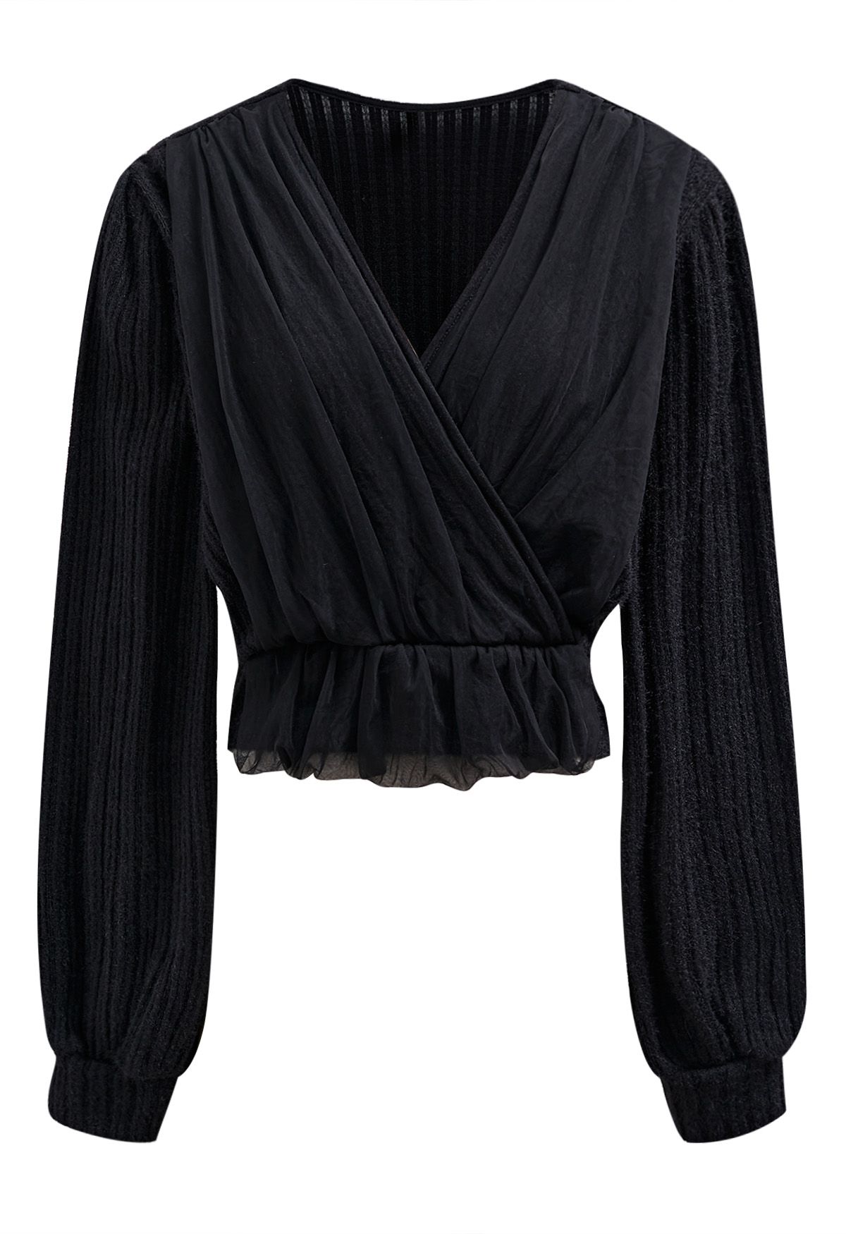 Mesh Spliced Faux-Wrap Knit Top in Black