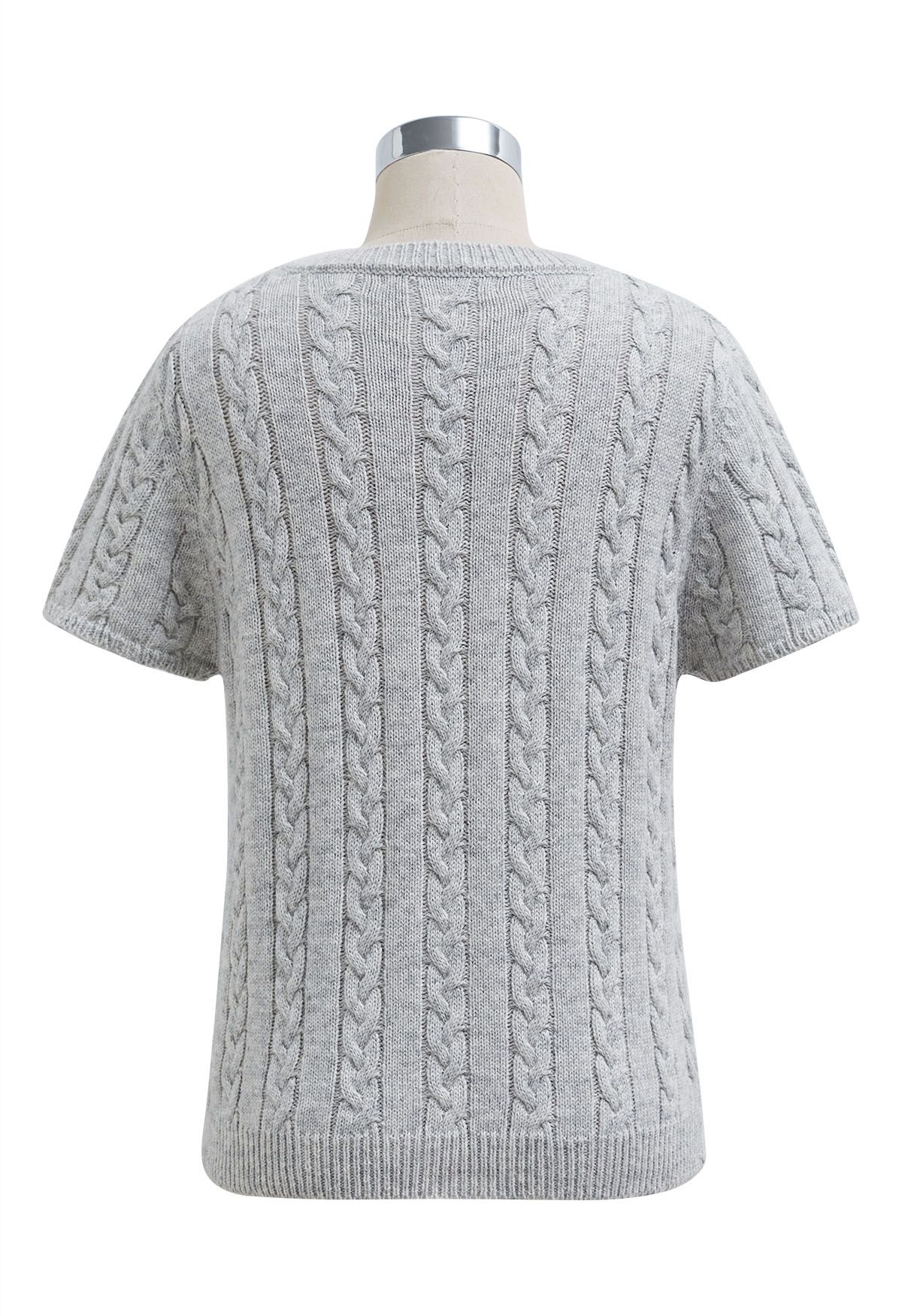 Embroidered Heart Braided Short-Sleeve Sweater in Grey