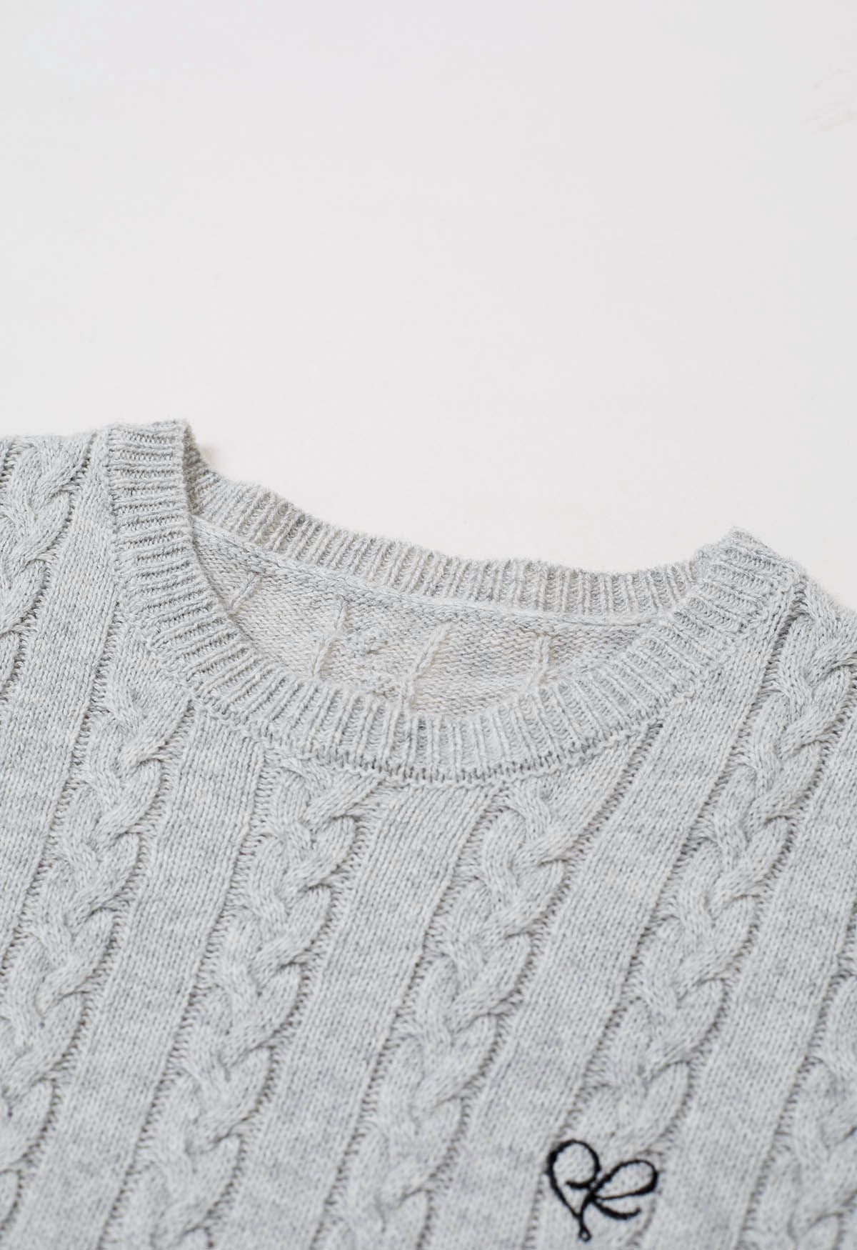 Embroidered Heart Braided Short-Sleeve Sweater in Grey