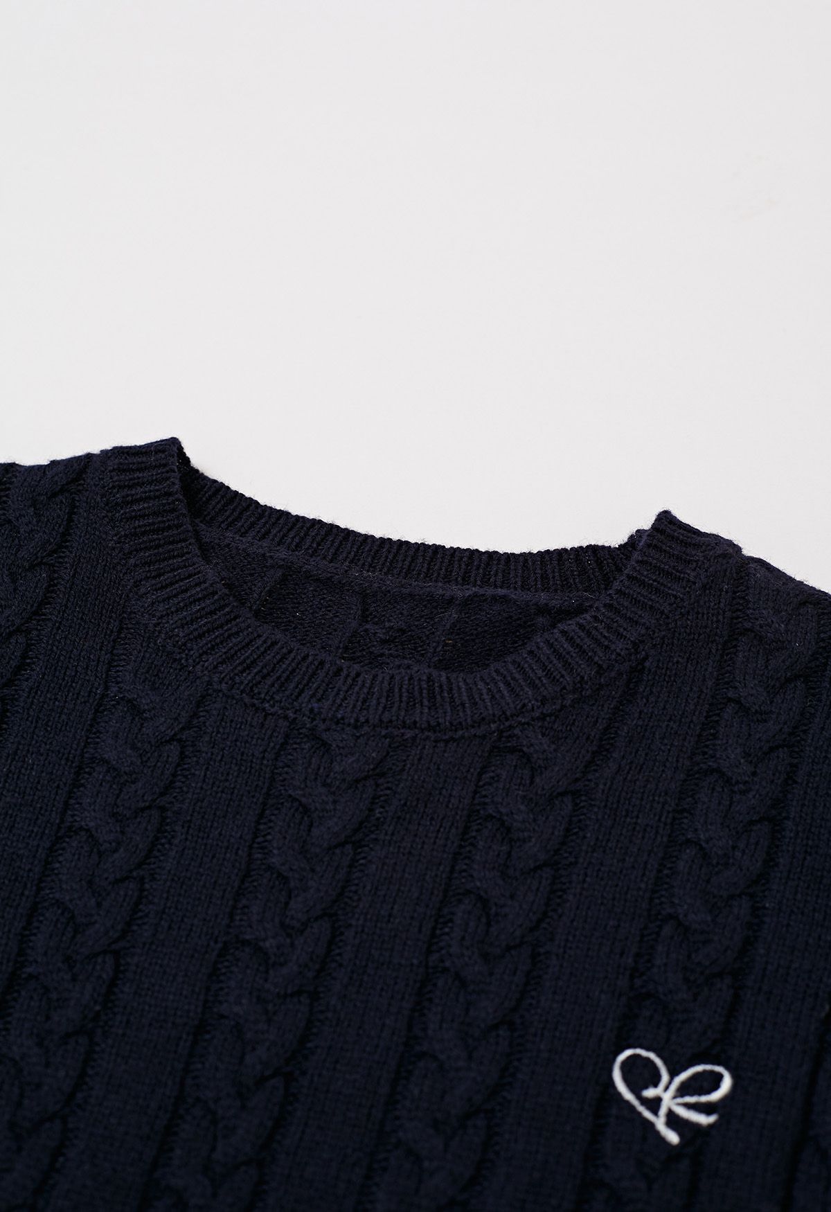 Embroidered Heart Braided Short-Sleeve Sweater in Navy